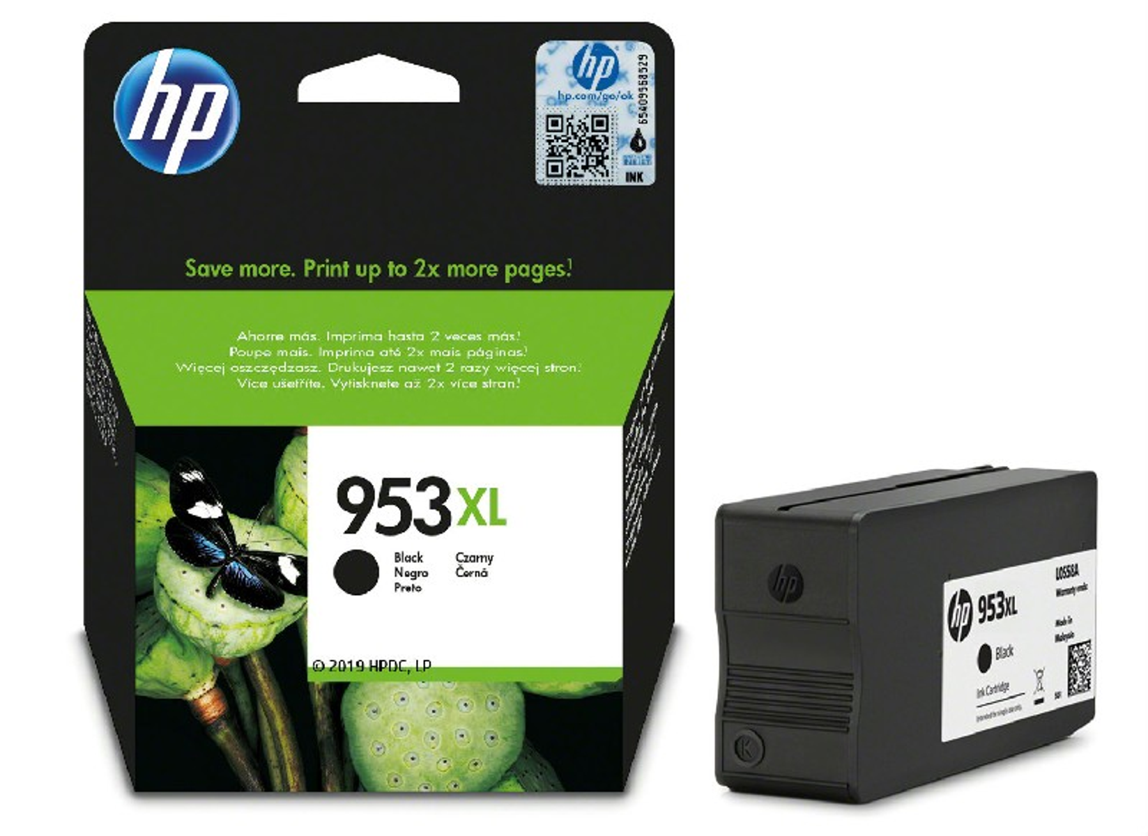 Una caja de cartuchos de tinta HP y un cartucho. La caja es negra y verde con información del producto. El cartucho es negro, etiquetado 953XL.