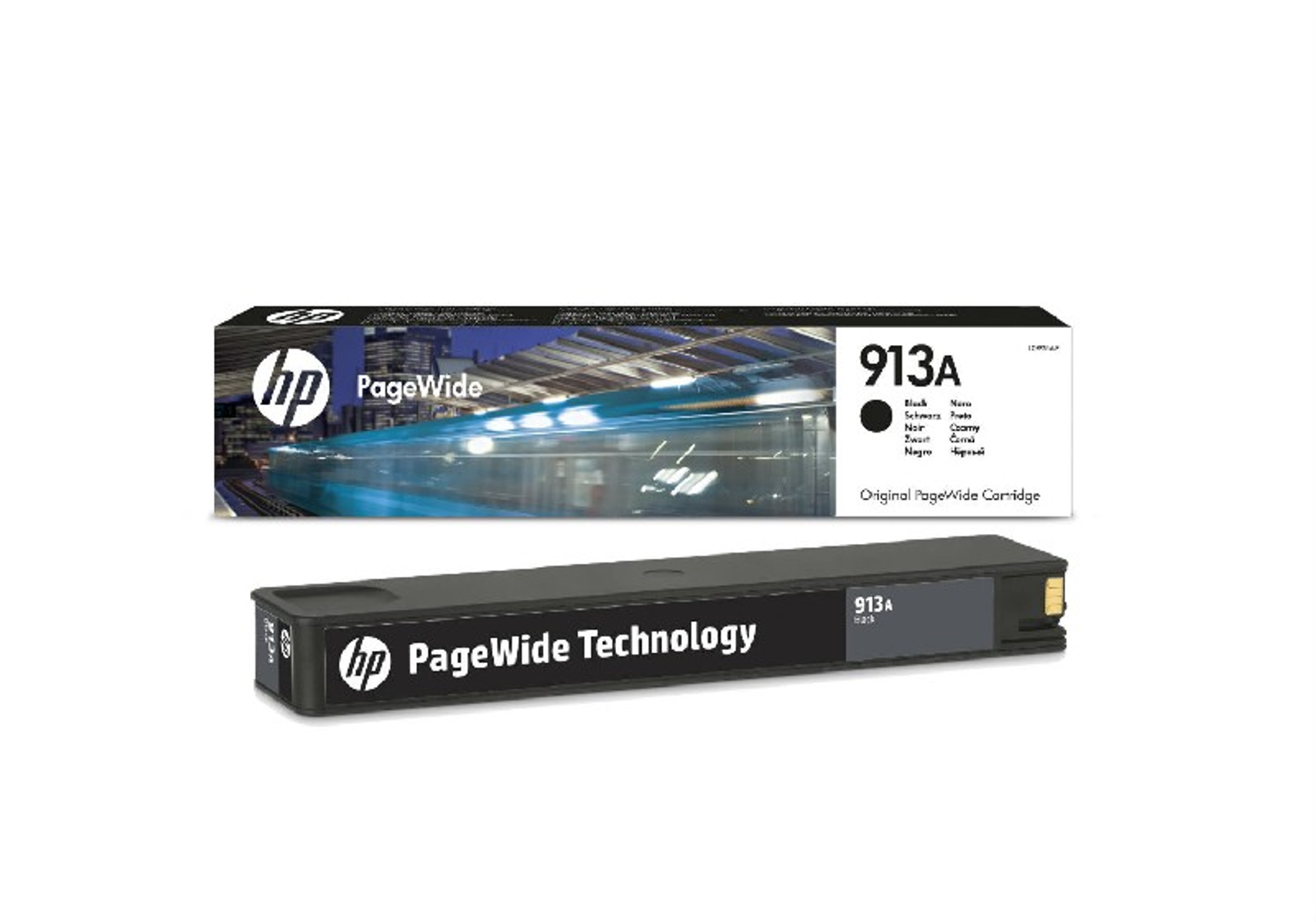 HP PageWide Tintenpatronenbox und -patrone auf weißem Hintergrund. Auf der Box steht 913A.