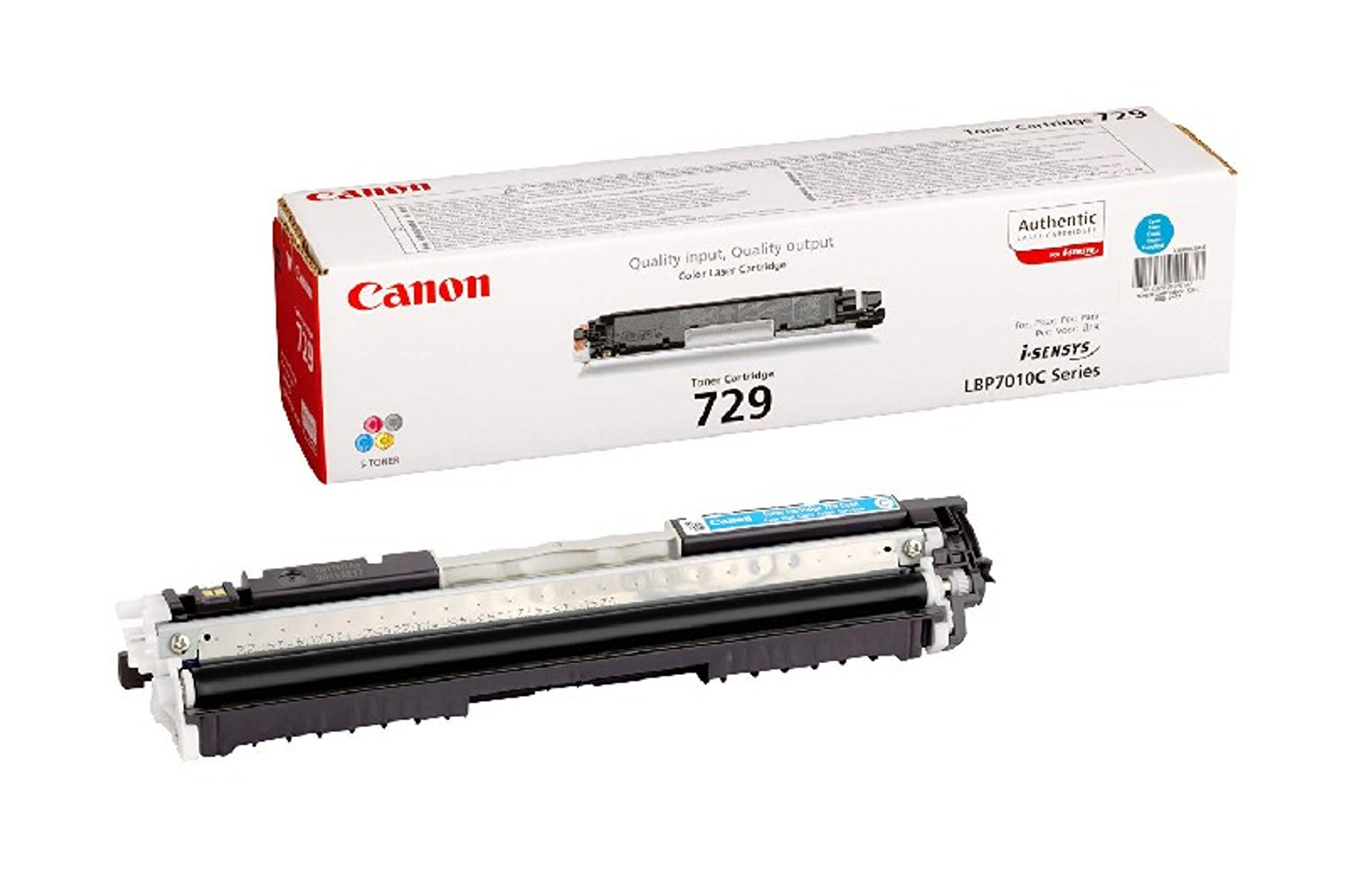 Canon 729 tonercartridge en doos, witte achtergrond, productopname.