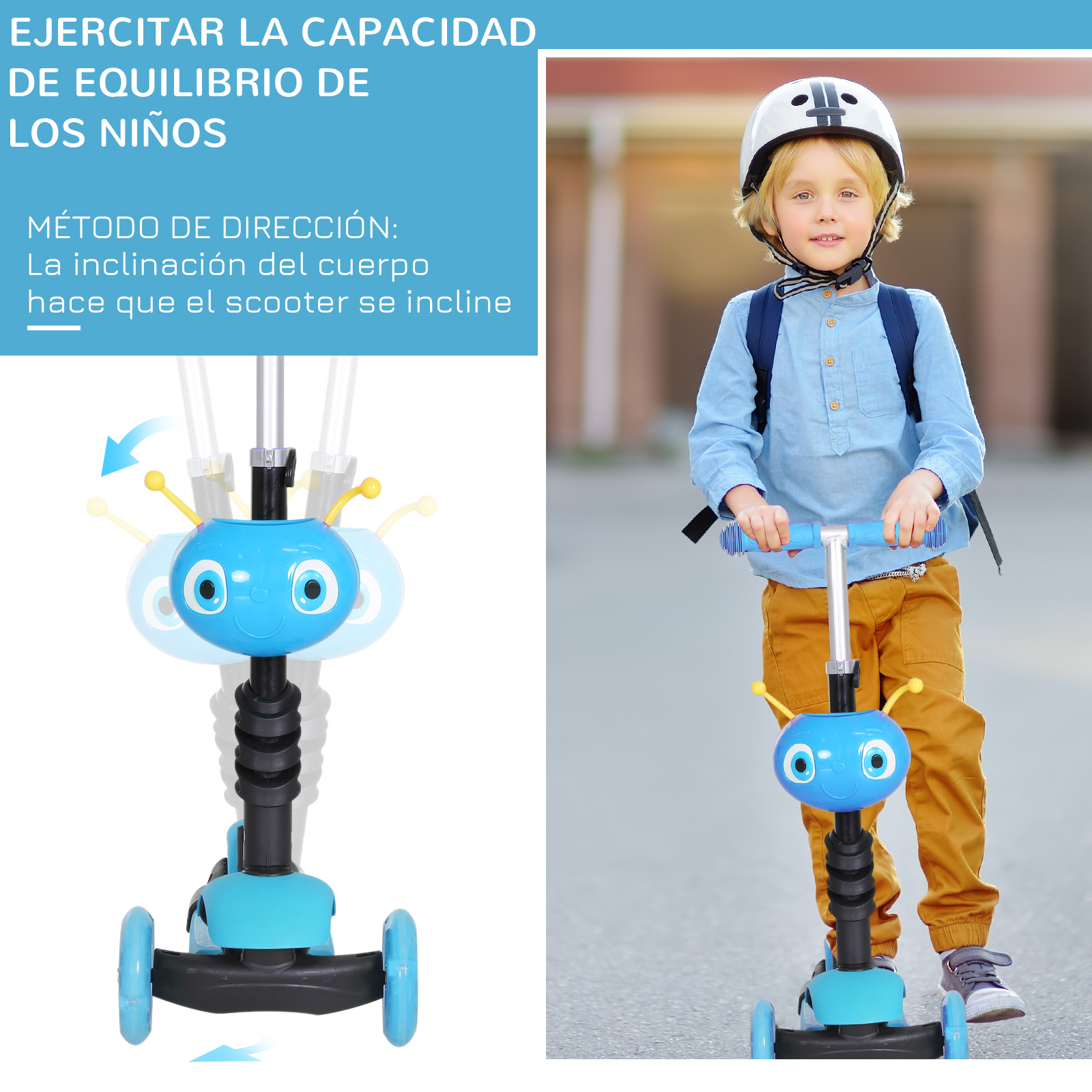 Un niño en un scooter azul. El texto en español describe la capacidad de equilibrio del scooter.