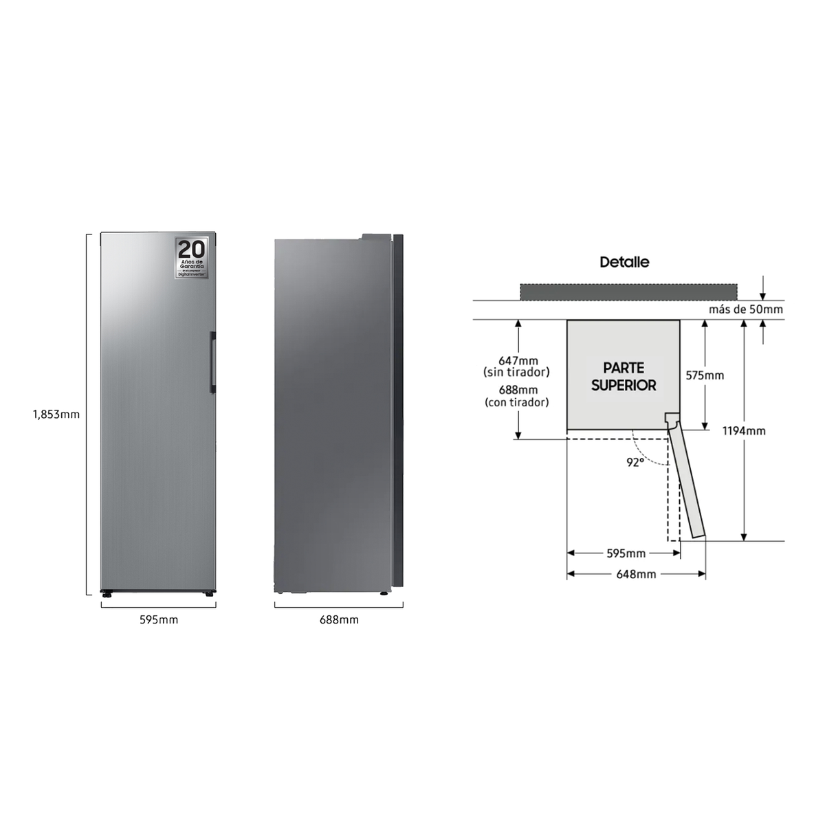 Refrigerador con detalles de dimensiones, vistas lateral y frontal con medidas.