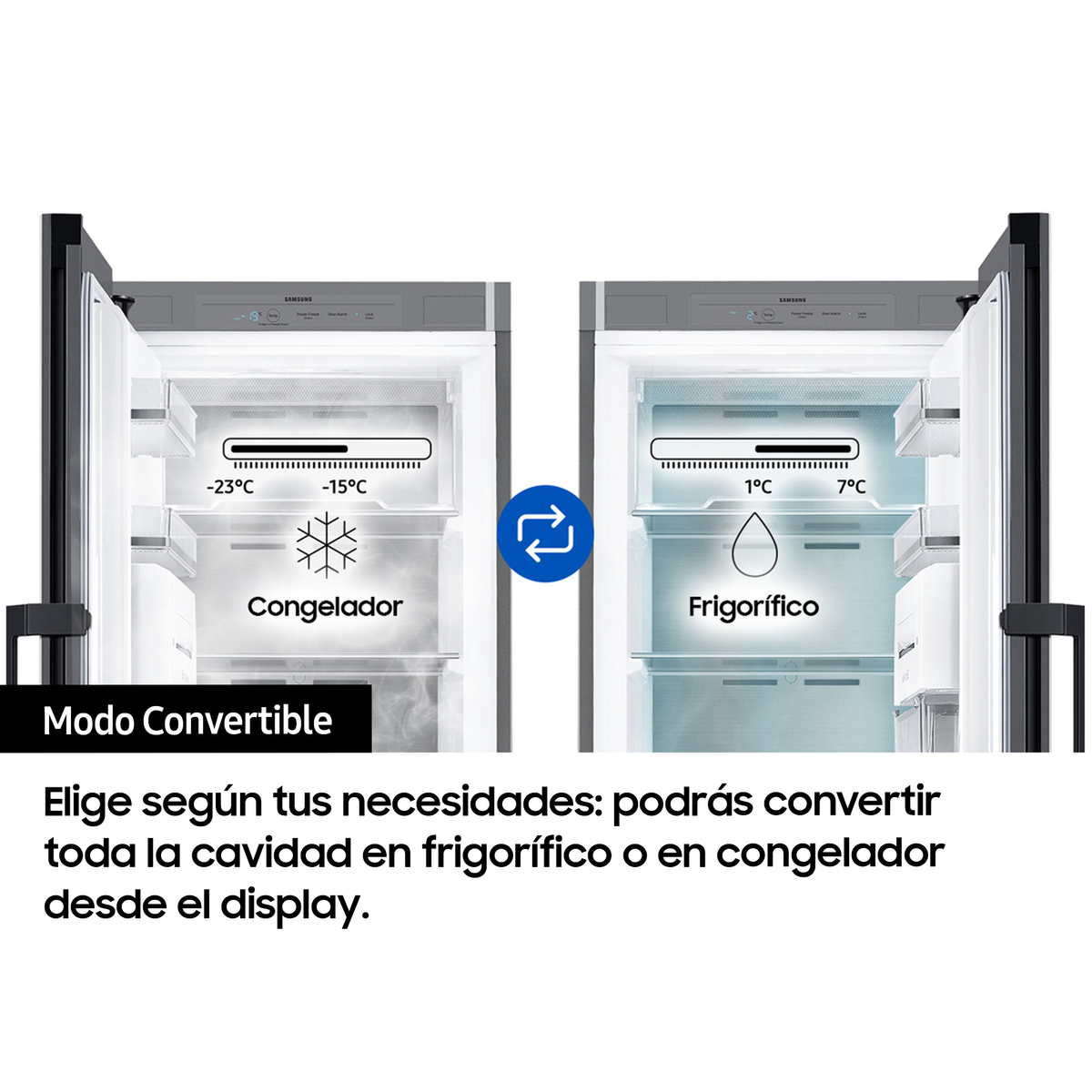 Refrigerador con puertas abiertas, mostrando el interior con visualización de temperatura y etiquetas.