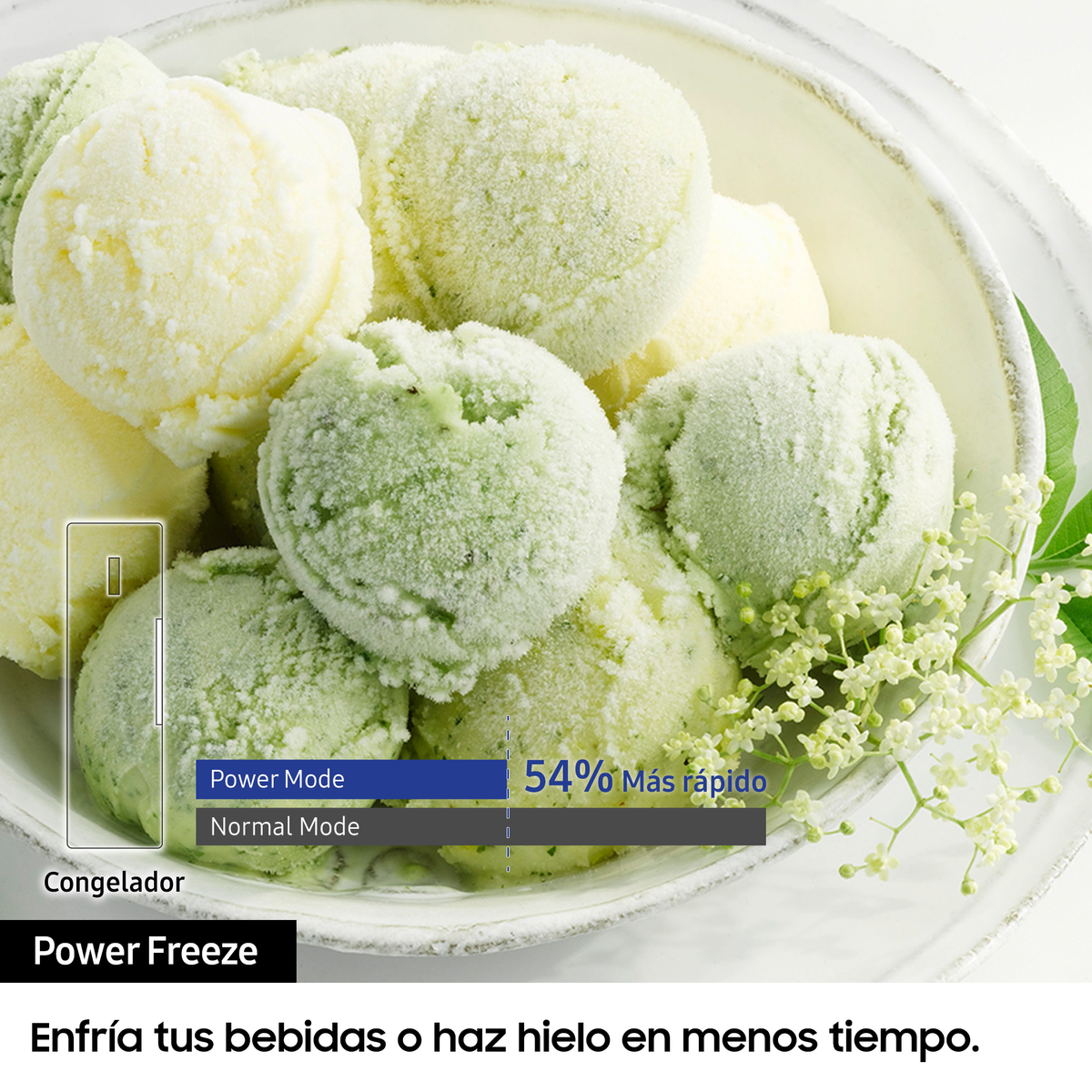 Primer plano de bolas de helado en un cuenco blanco, con superposición de texto sobre power freeze.