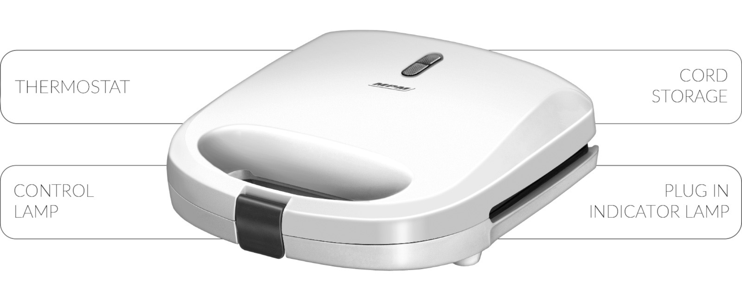 Sandwichera MPM blanca. Etiquetada: 'THERMOSTAT', 'CORD STORAGE', 'CONTROL LAMP', etc.