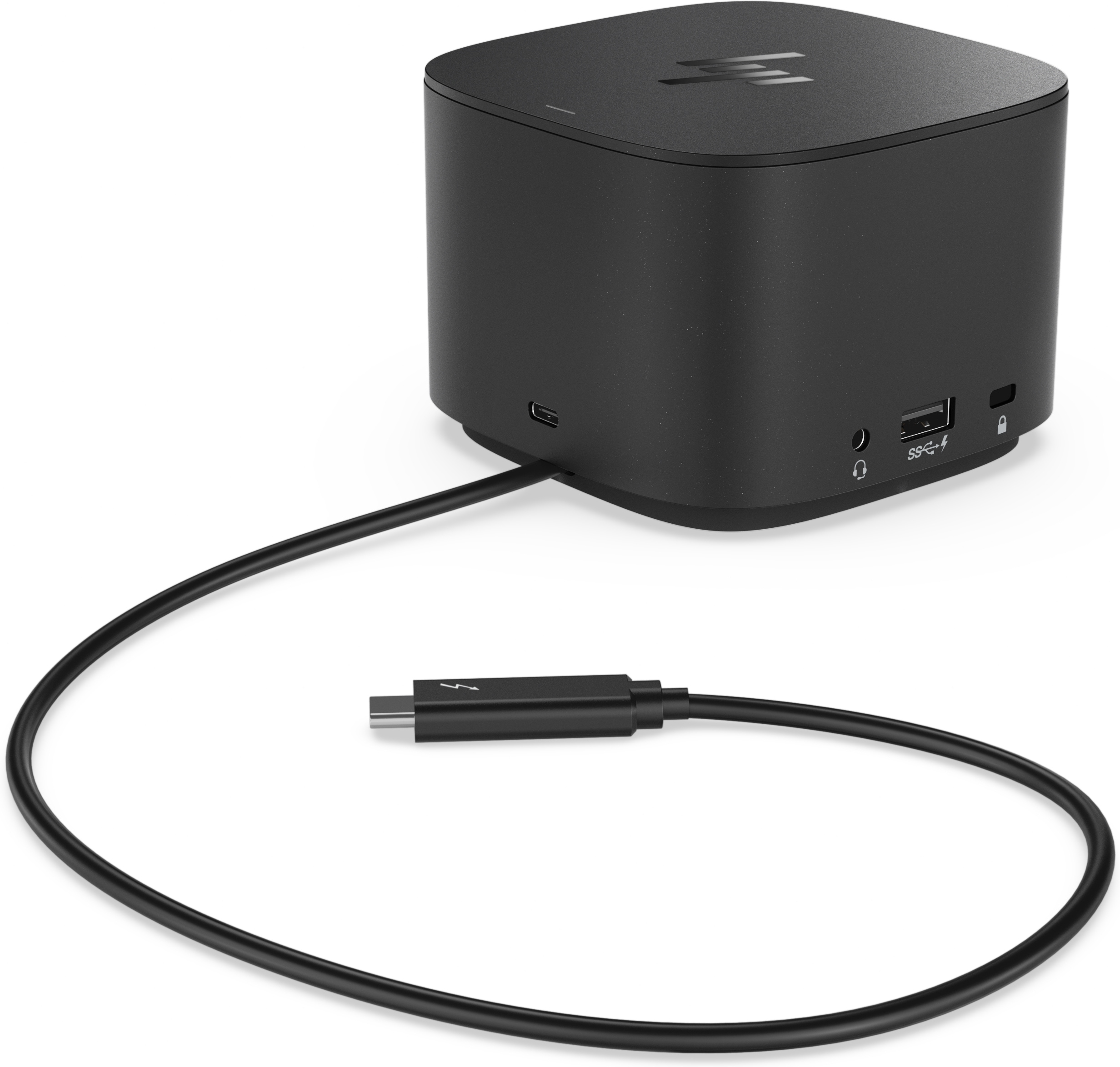 Stazione di aggancio HP nera con cavo nero e connettore Thunderbolt. Sfondo bianco.