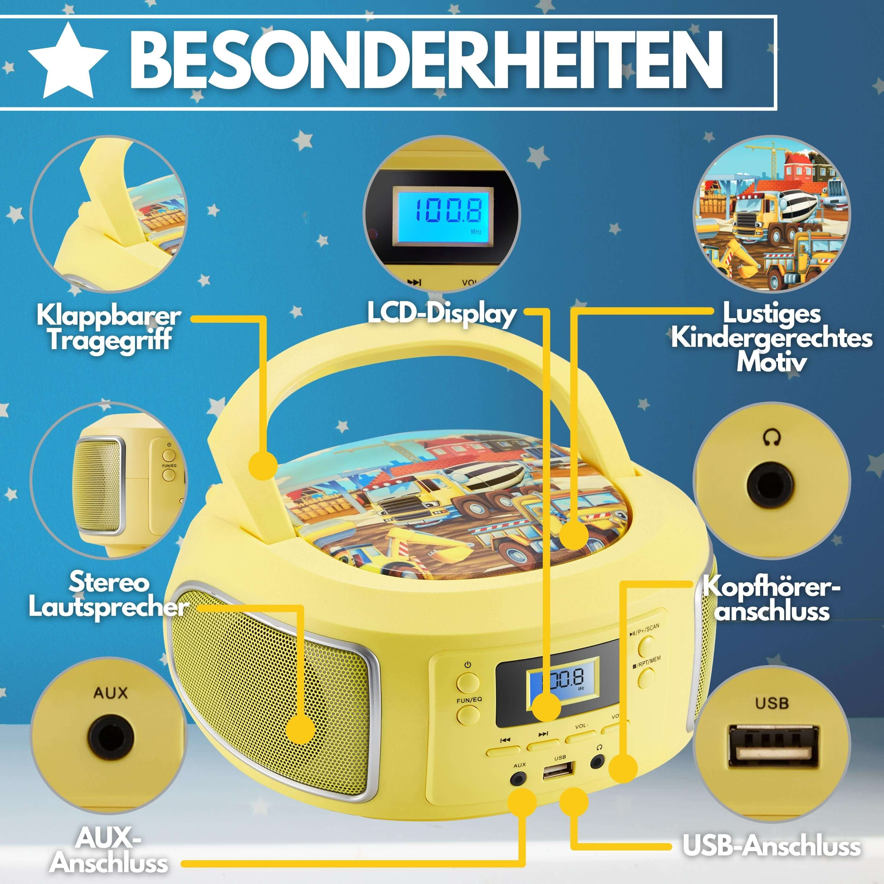 Gelber Ghettoblaster mit Knöpfen, Bildschirm und beschrifteten Teilen. Mit Griff und Cartoon.