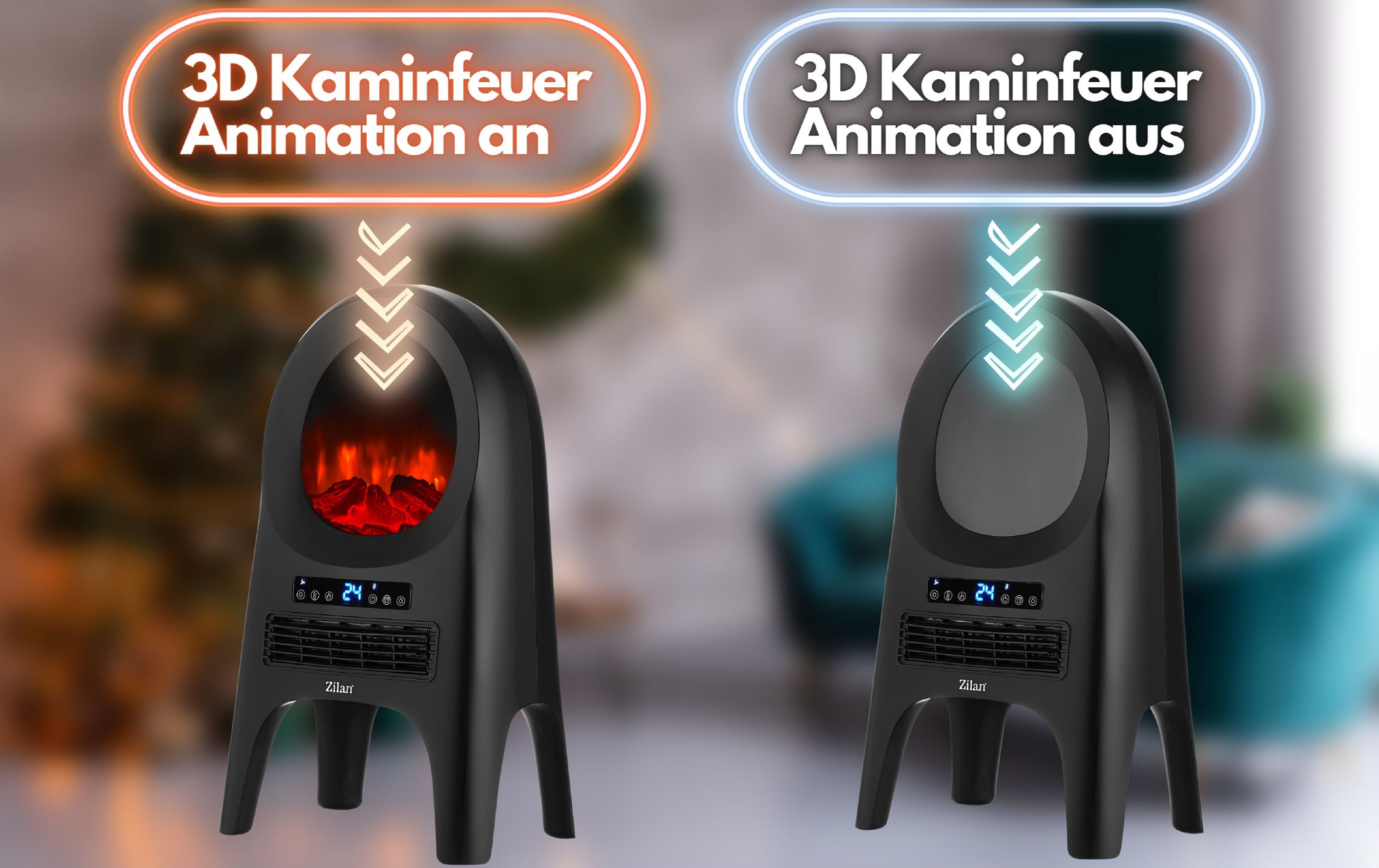 Zwei schwarze elektrische Kamine mit 3D-Feueranimation.