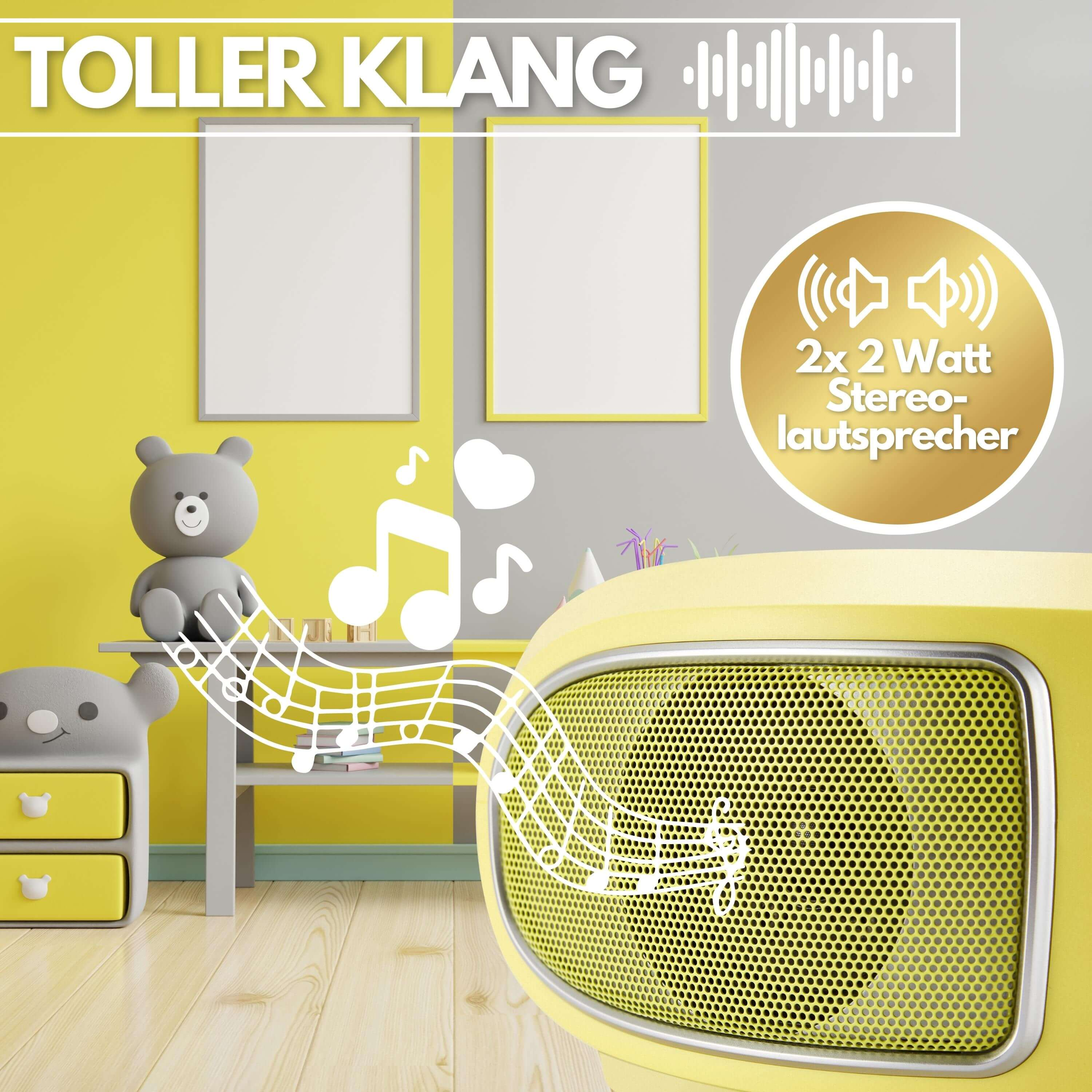 Gelber Lautsprecher, Noten und Cartoon-Bär in einem gelb/grauen Raum. Text: TOLLER KLANG.