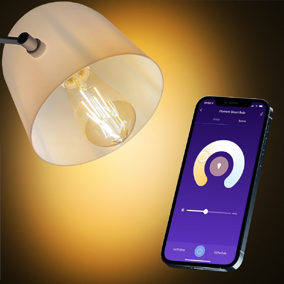 Lampa ze światłem świecącym na smartfon, który pokazuje interfejs aplikacji do sterowania światłem.