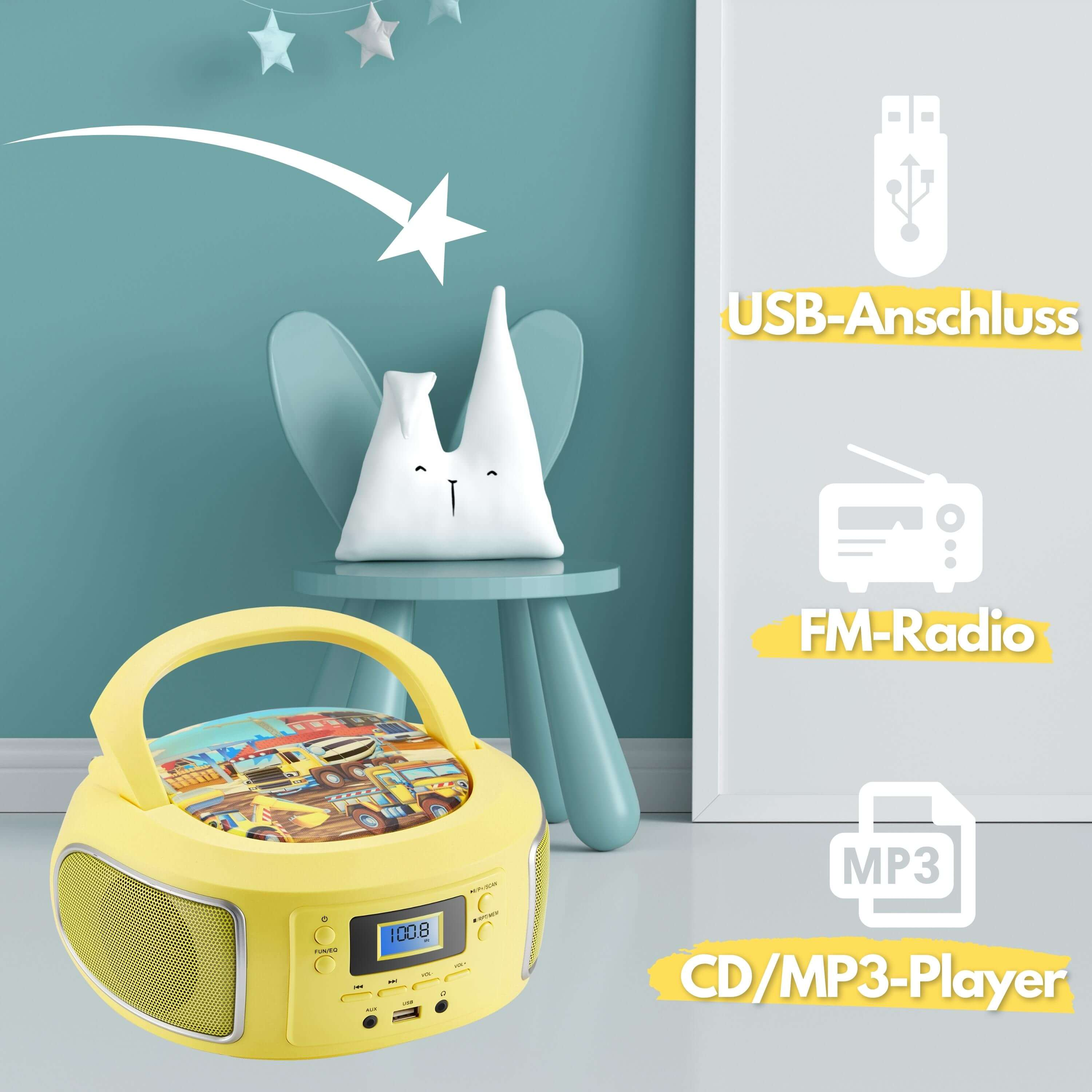 Gelber tragbarer CD/MP3-Player für Kinder mit Cartoon-Design.