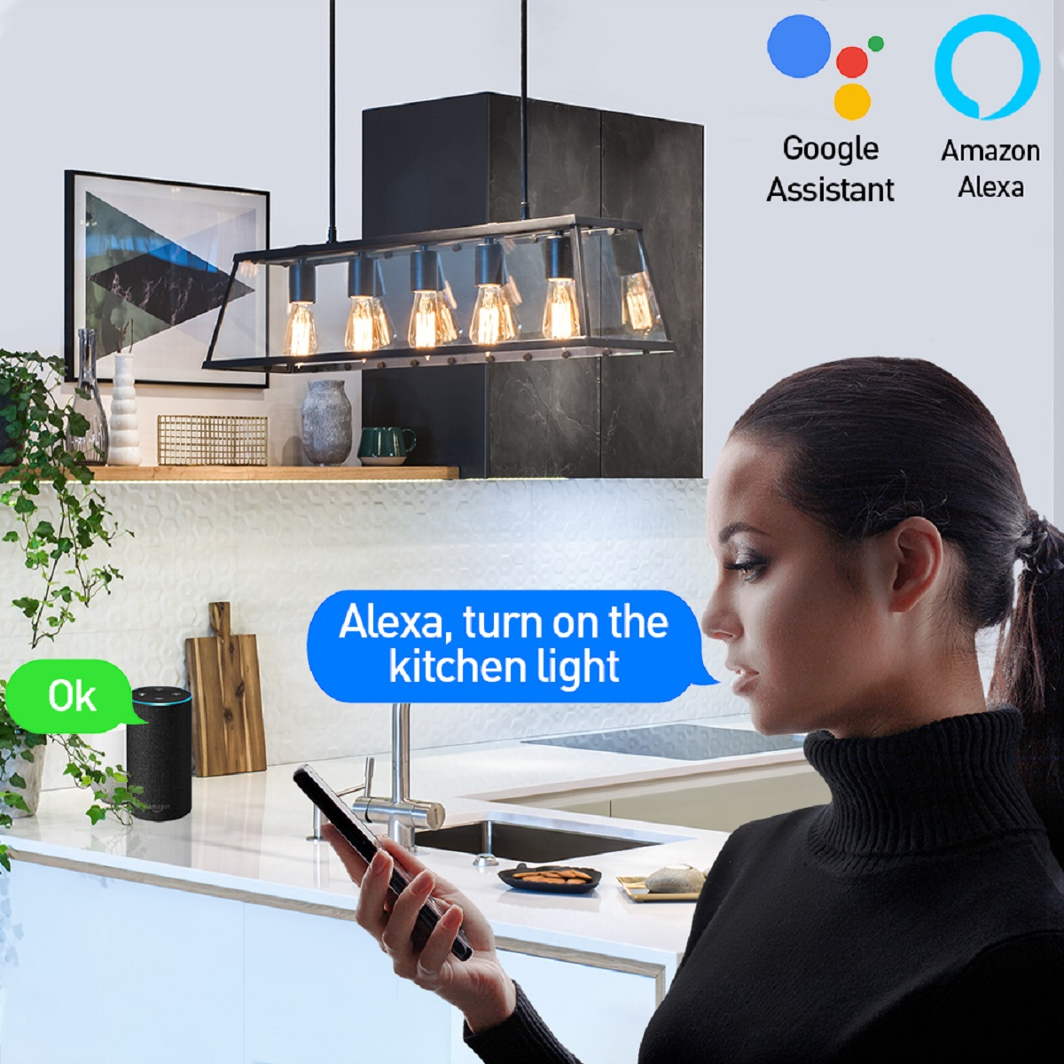 Kobieta używająca telefonu do sterowania oświetleniem kuchennym, z czarnym głośnikiem inteligentnym w pobliżu.