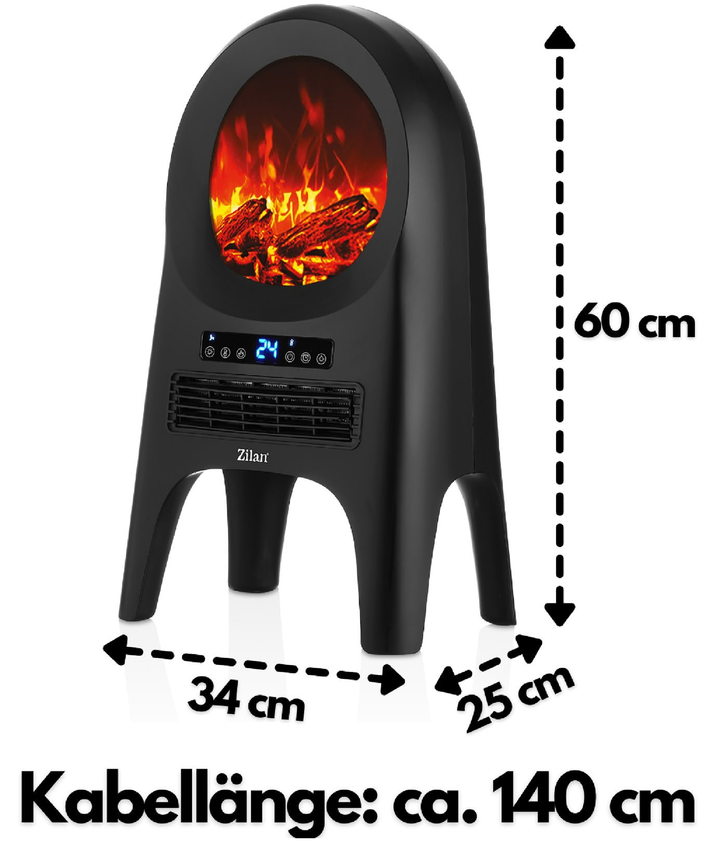 Schwarzer elektrischer Kamin mit leuchtendem Feuereffekt, 60 cm hoch und 34 cm breit.