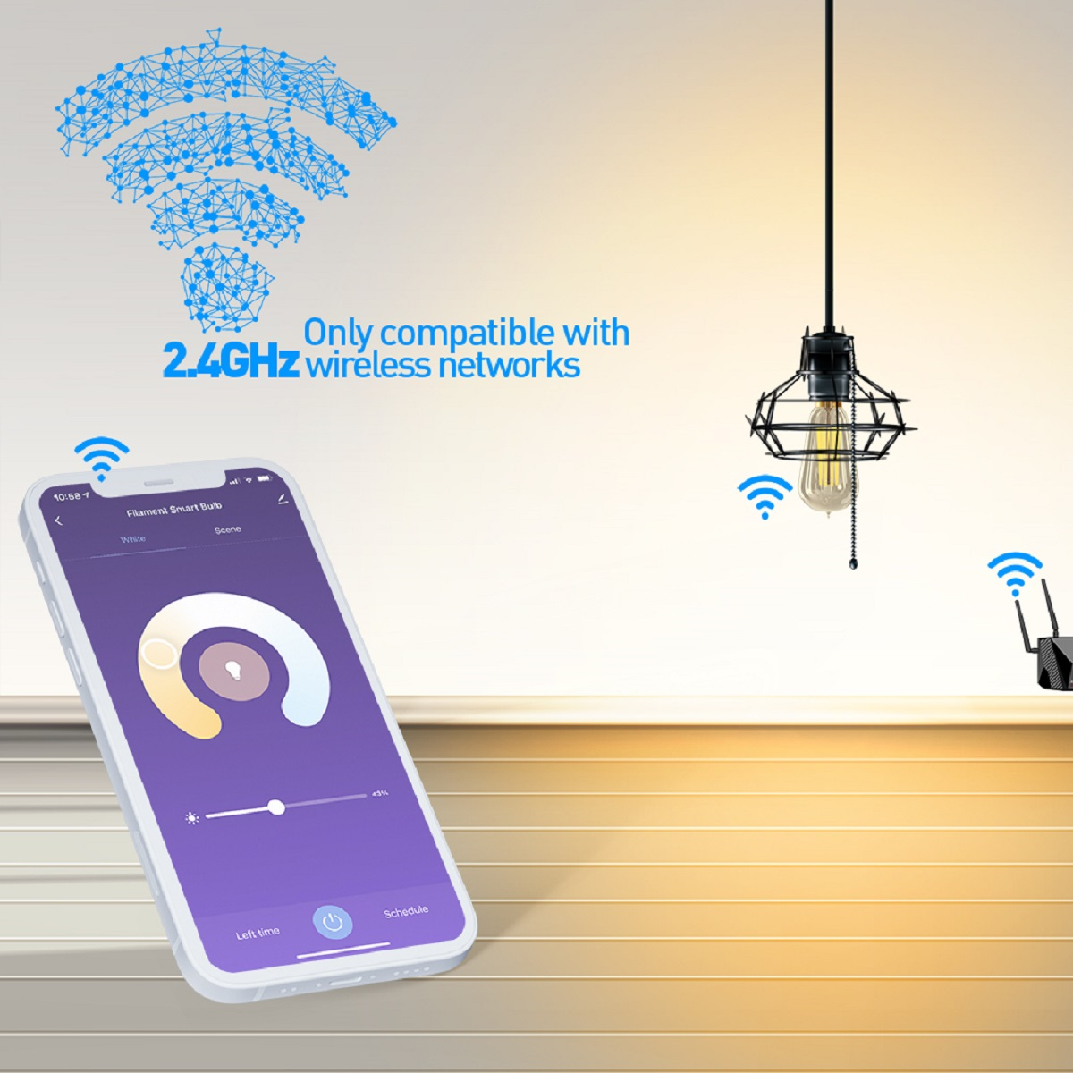 Smartfon kontrolujący inteligentną żarówkę, ikona Wi-Fi i lampa wisząca.