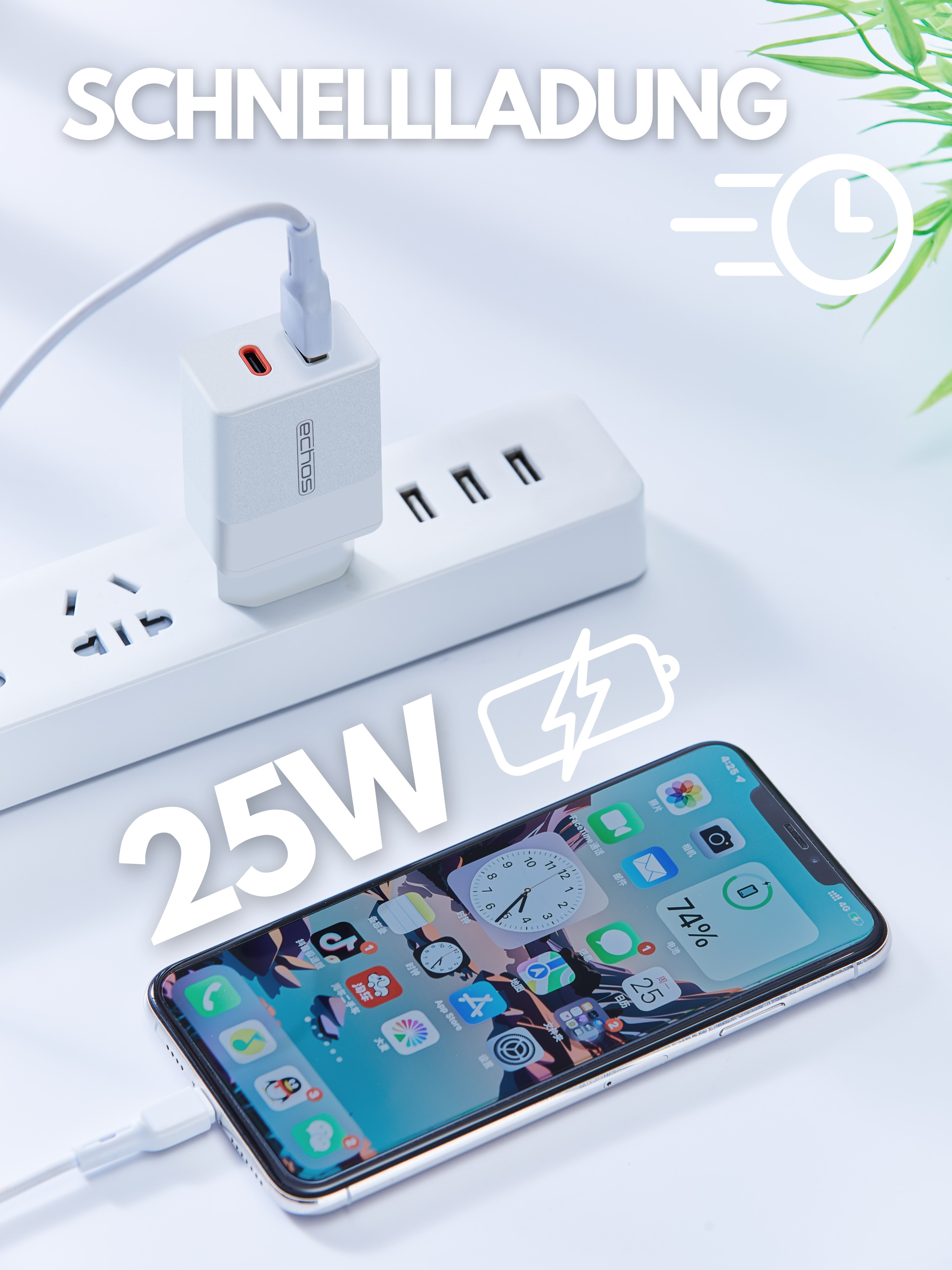 Smartphone, das mit einem 25W-Ladegerät geladen wird. Telefon zeigt App-Symbole und Akkustand.
