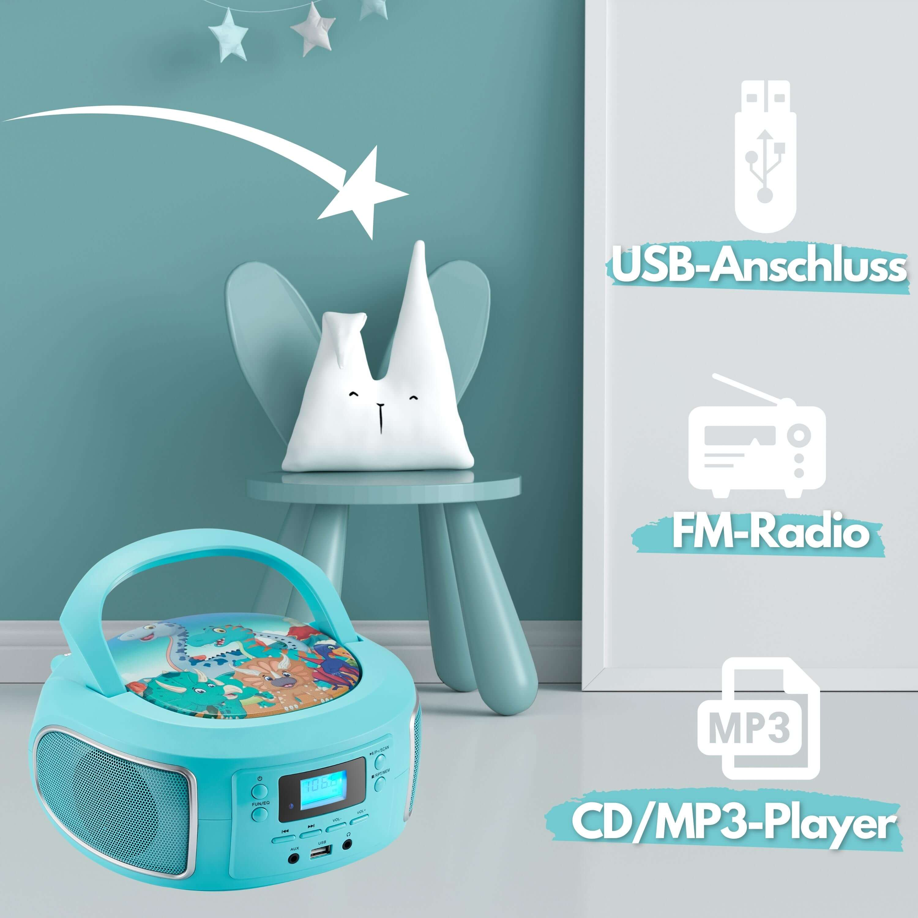 Ein türkisblauer CD/MP3-Player mit Griff. Ein Bild zeigt einen weißen Stern mit einem blauen Stuhl im Hintergrund.