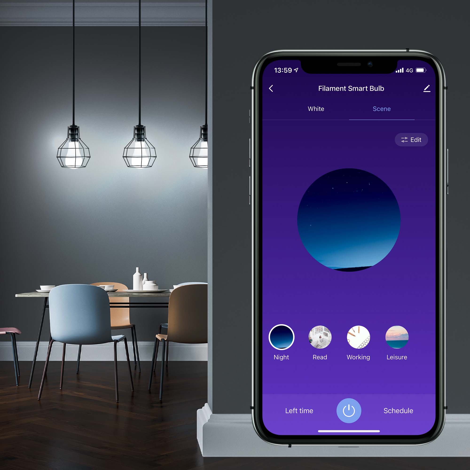 Ujęcie wnętrza pokoju z wiszącymi lampami. Smartfon wyświetla panel sterowania inteligentną żarówką.