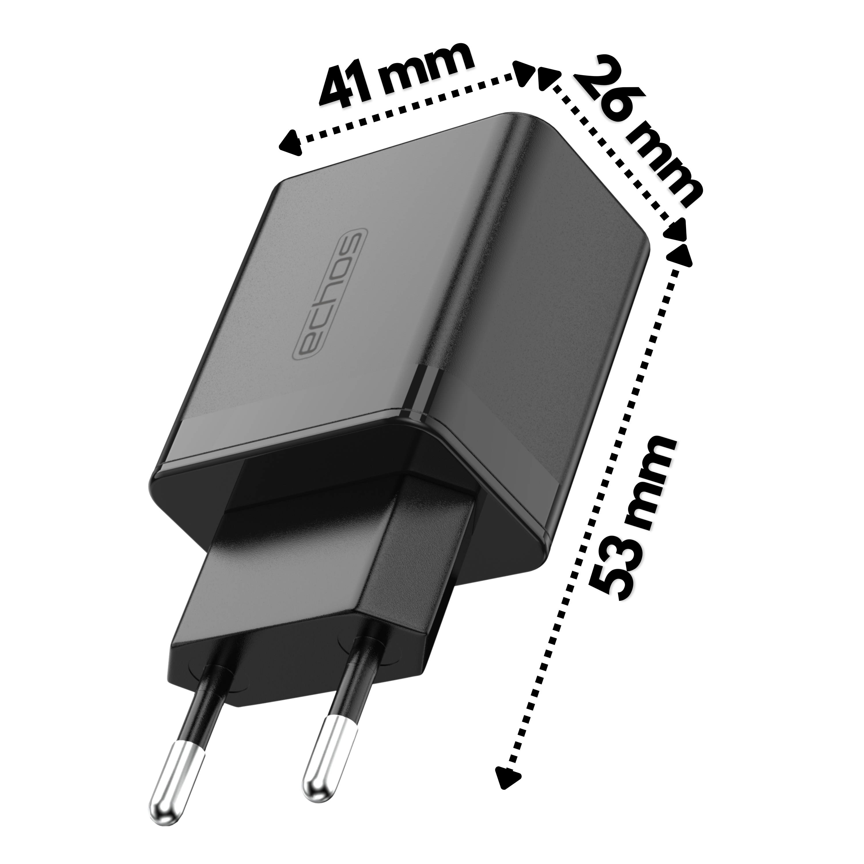 Schwarzes Telefonladegerät mit den Maßen: 41 mm x 26 mm x 53 mm. Die Marke ist 'echos'.