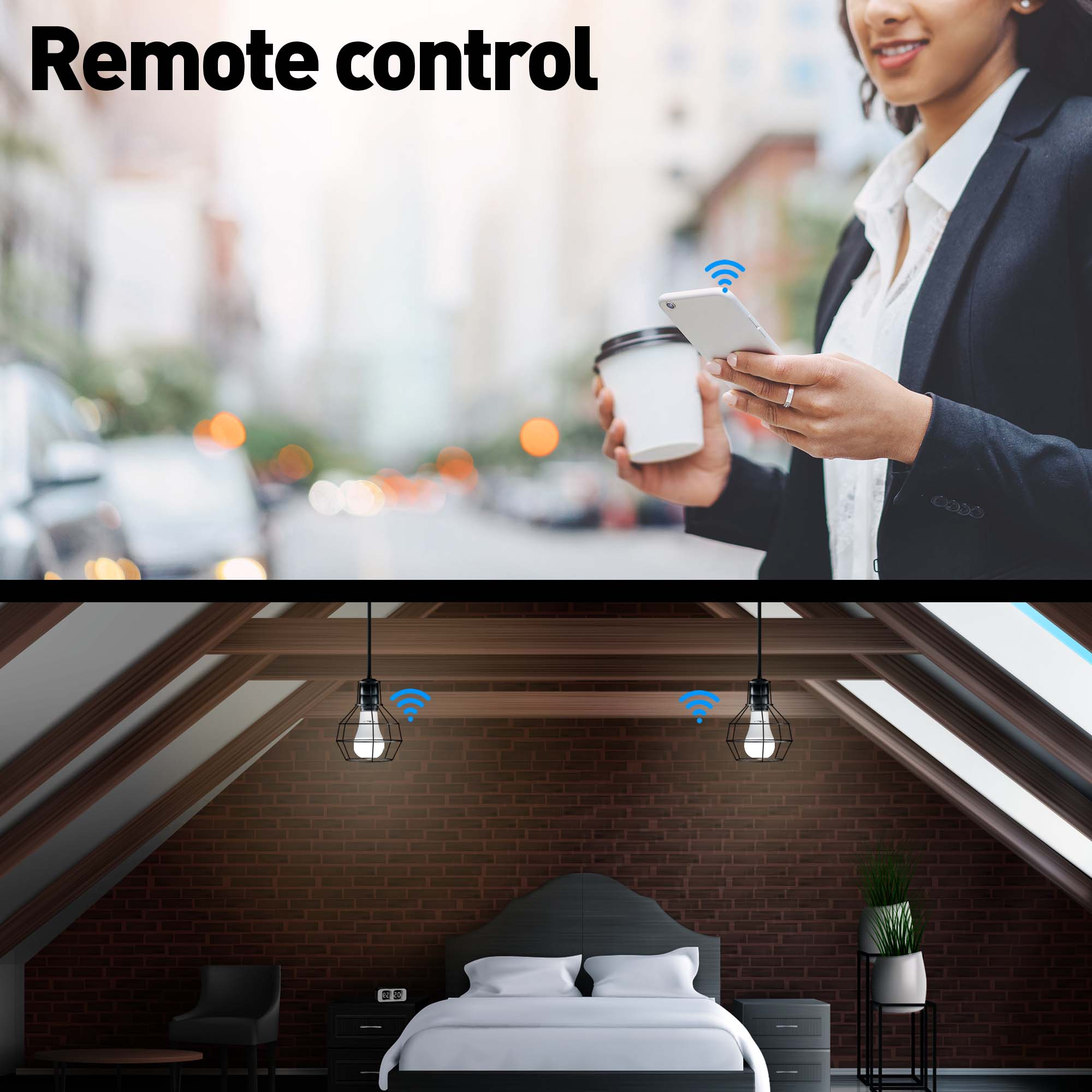 Kobieta używa telefonu do sterowania światłami w swojej sypialni. Tekst mówi: Zdalne sterowanie.