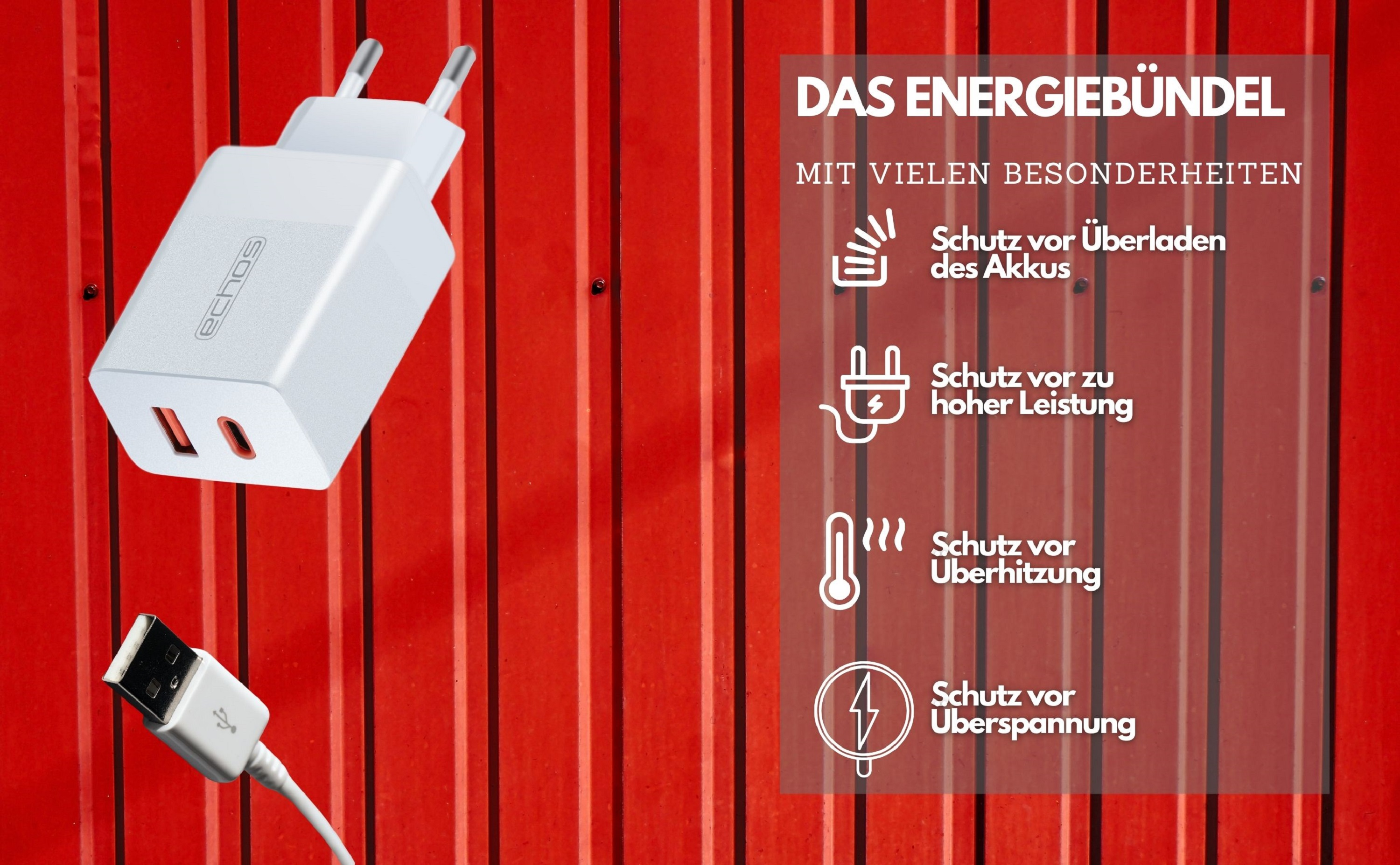 Weißes Ladegerät mit zwei USB-Anschlüssen und einem USB-Kabel auf rotem Hintergrund.