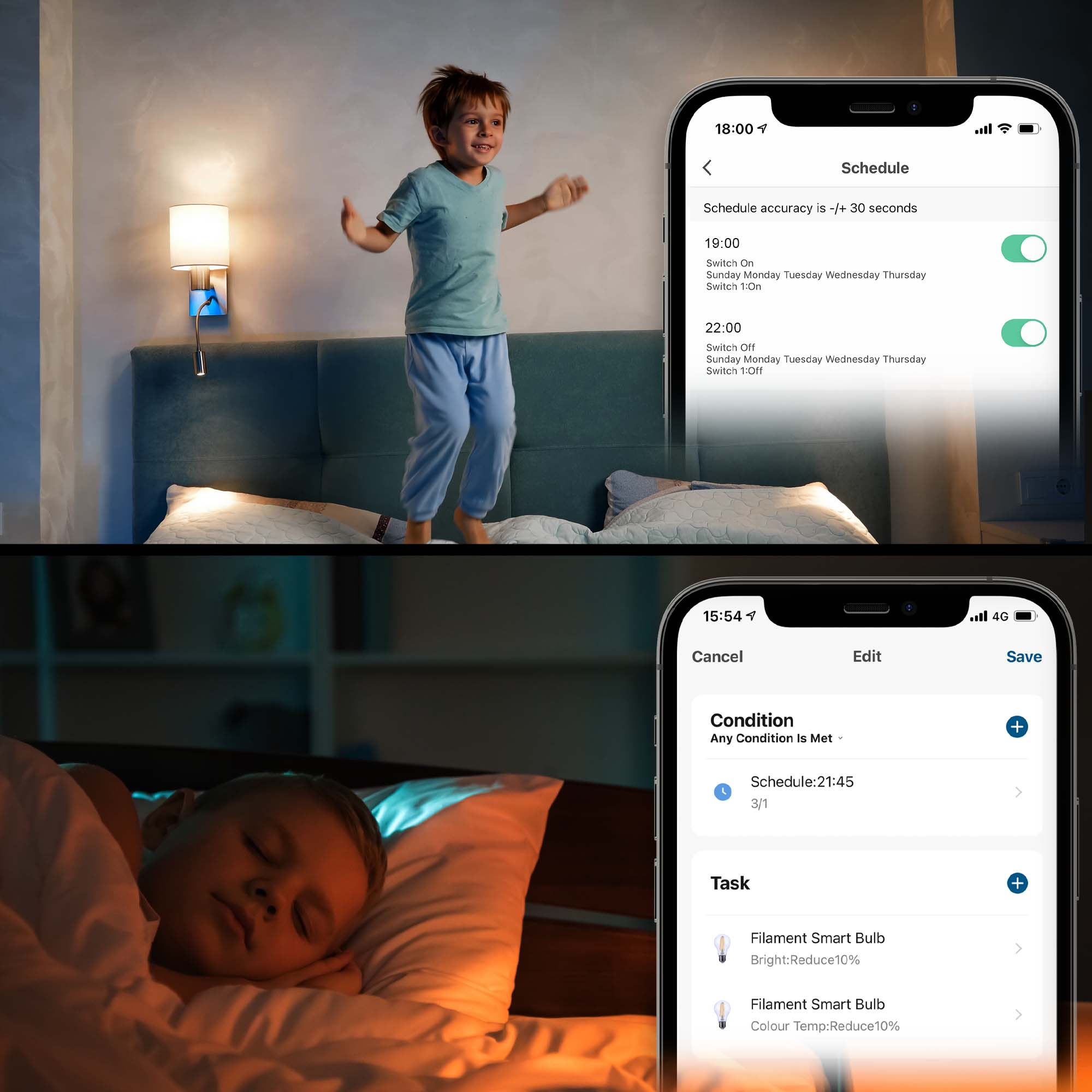 Chłopiec skaczący w pokoju z elementami sterowania inteligentnego domu na ekranie telefonu.