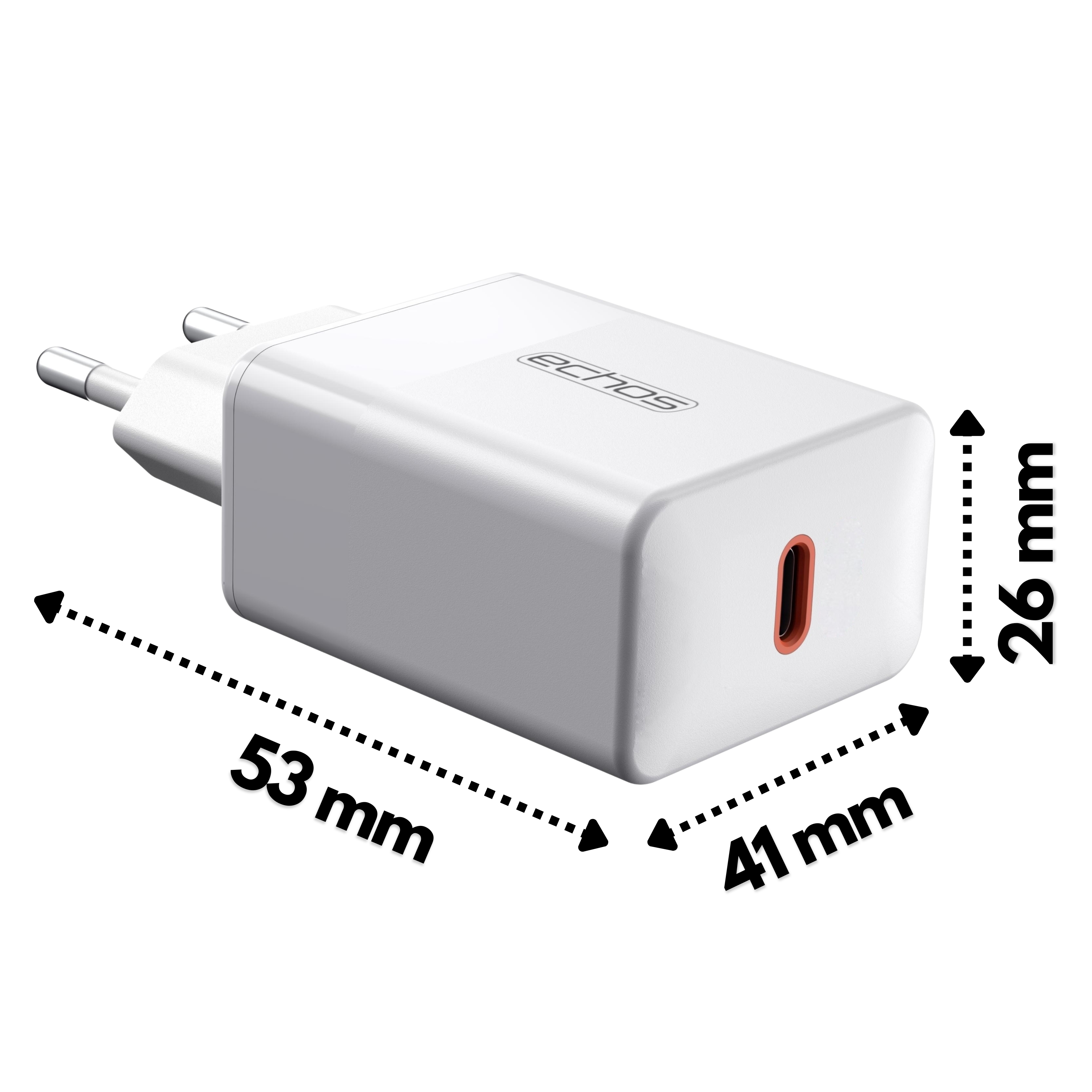 Weißes und graues Ladegerät mit beschrifteten Abmessungen. Es hat einen USB-C-Anschluss. Die Marke ist Echoss.