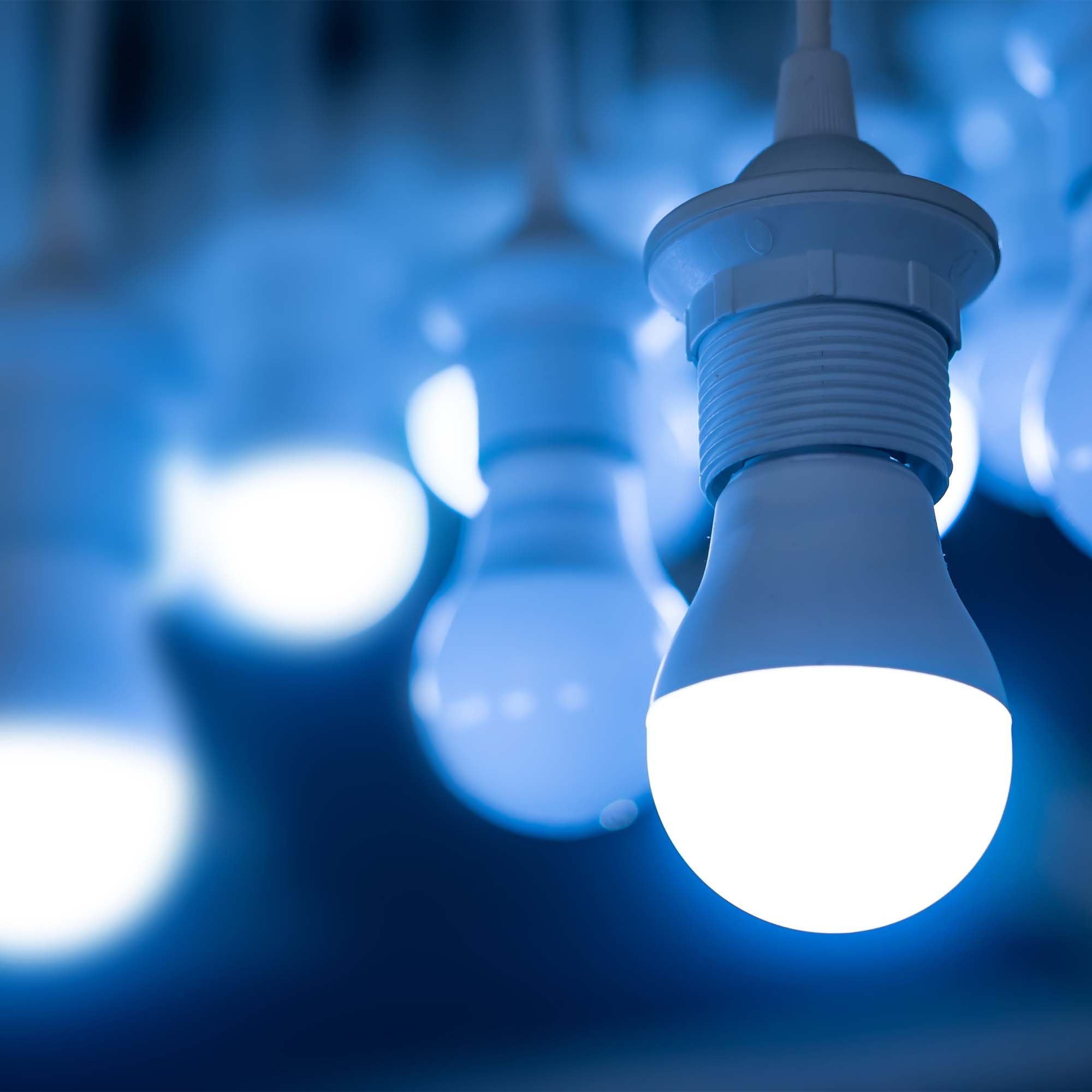 Kilka białych żarówek LED zwisających z sufitu. Niebieskie tło.