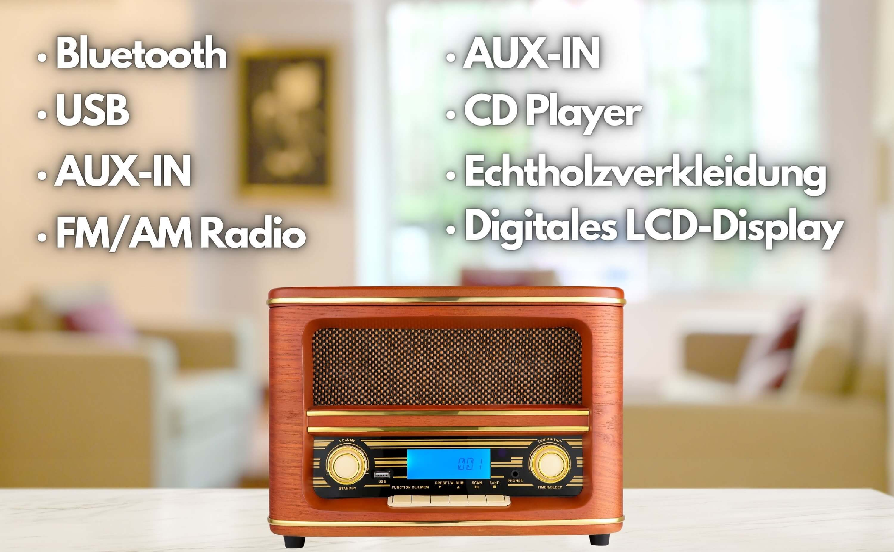 Ein Radio im Vintage-Stil aus Holz mit verschiedenen Knöpfen und einem blauen Digitaldisplay.