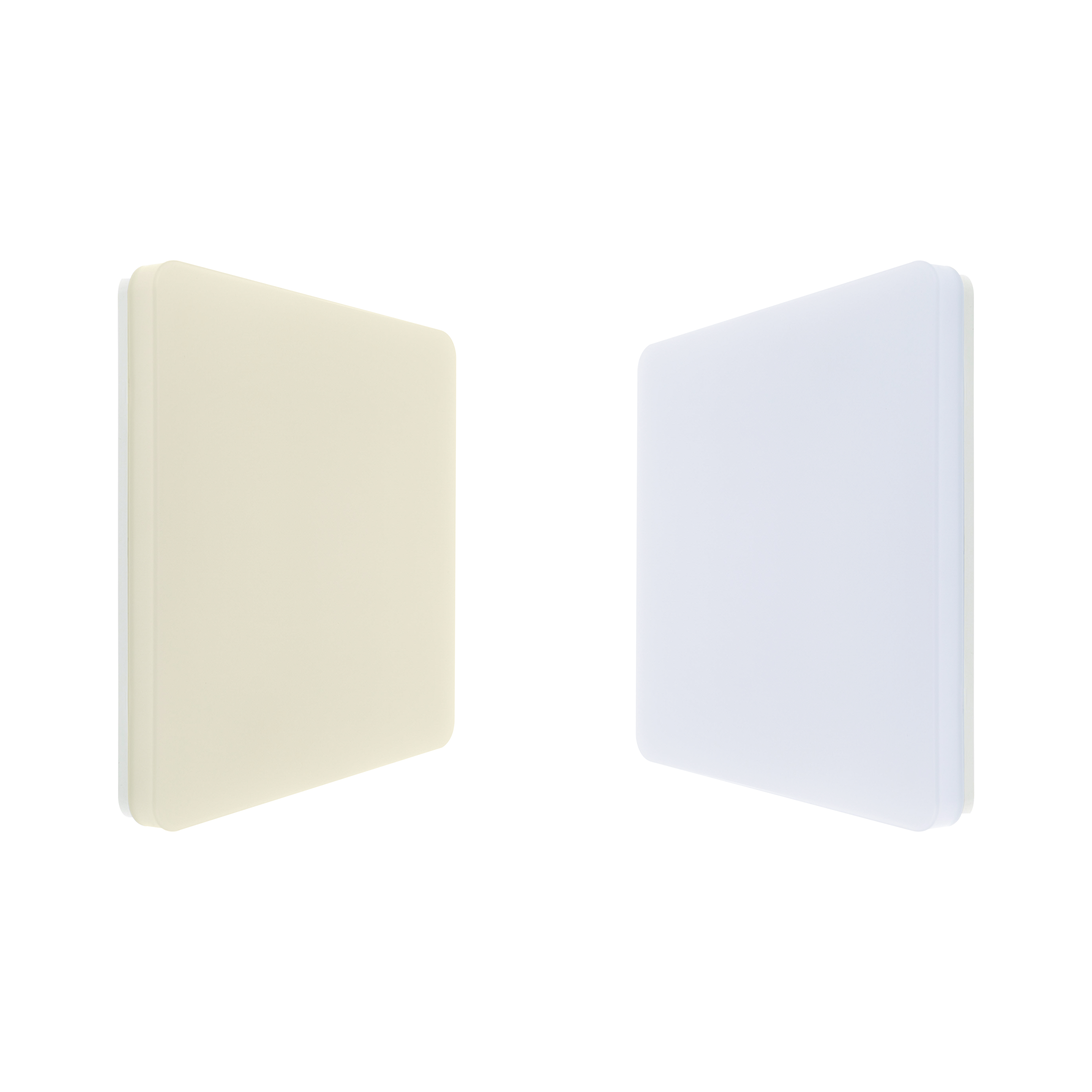 Dwa kwadratowe panele świetlne w kolorze kremowym i białym, skierowane do widza.