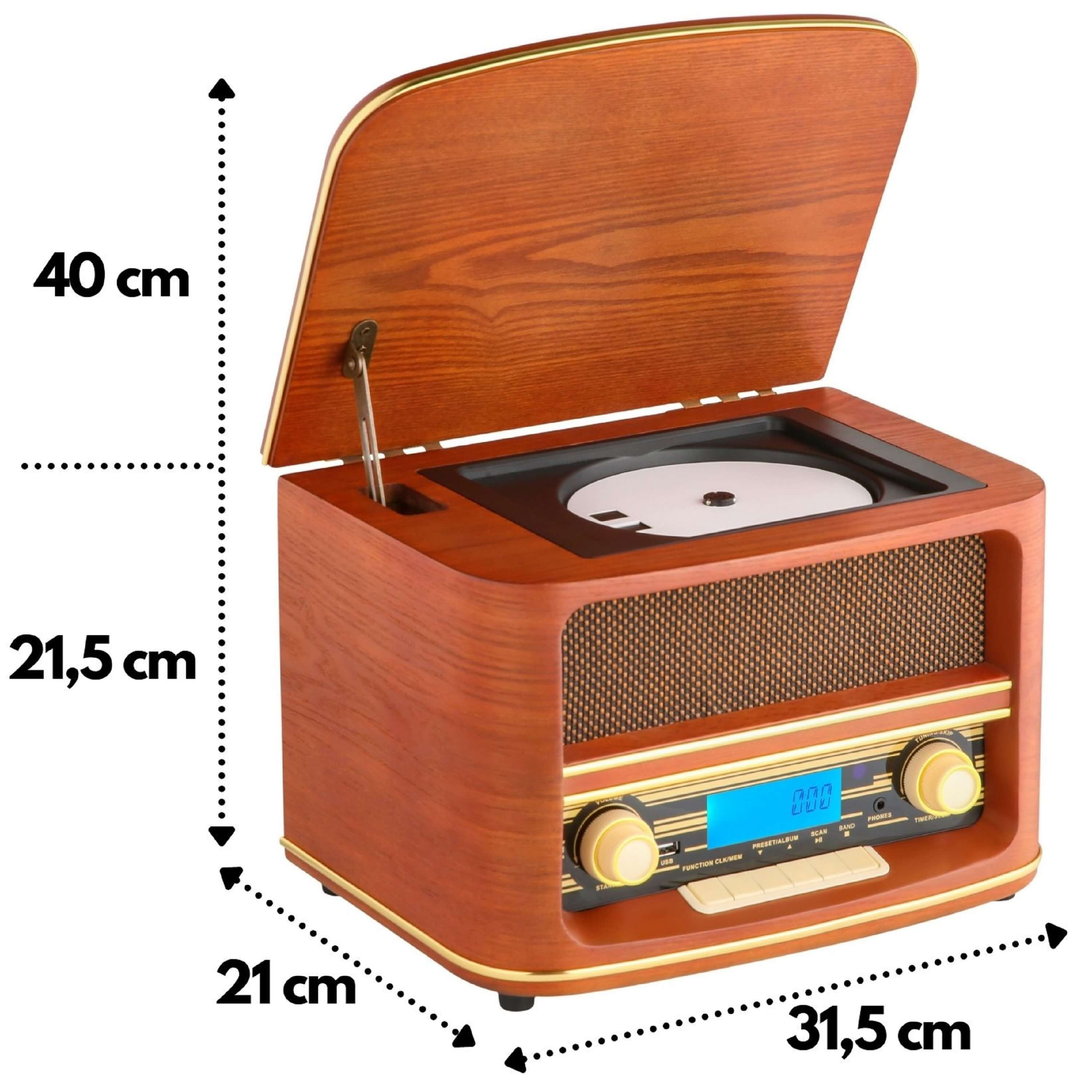 Plattenspieler im Retro-Stil aus Holz mit Maßangaben.