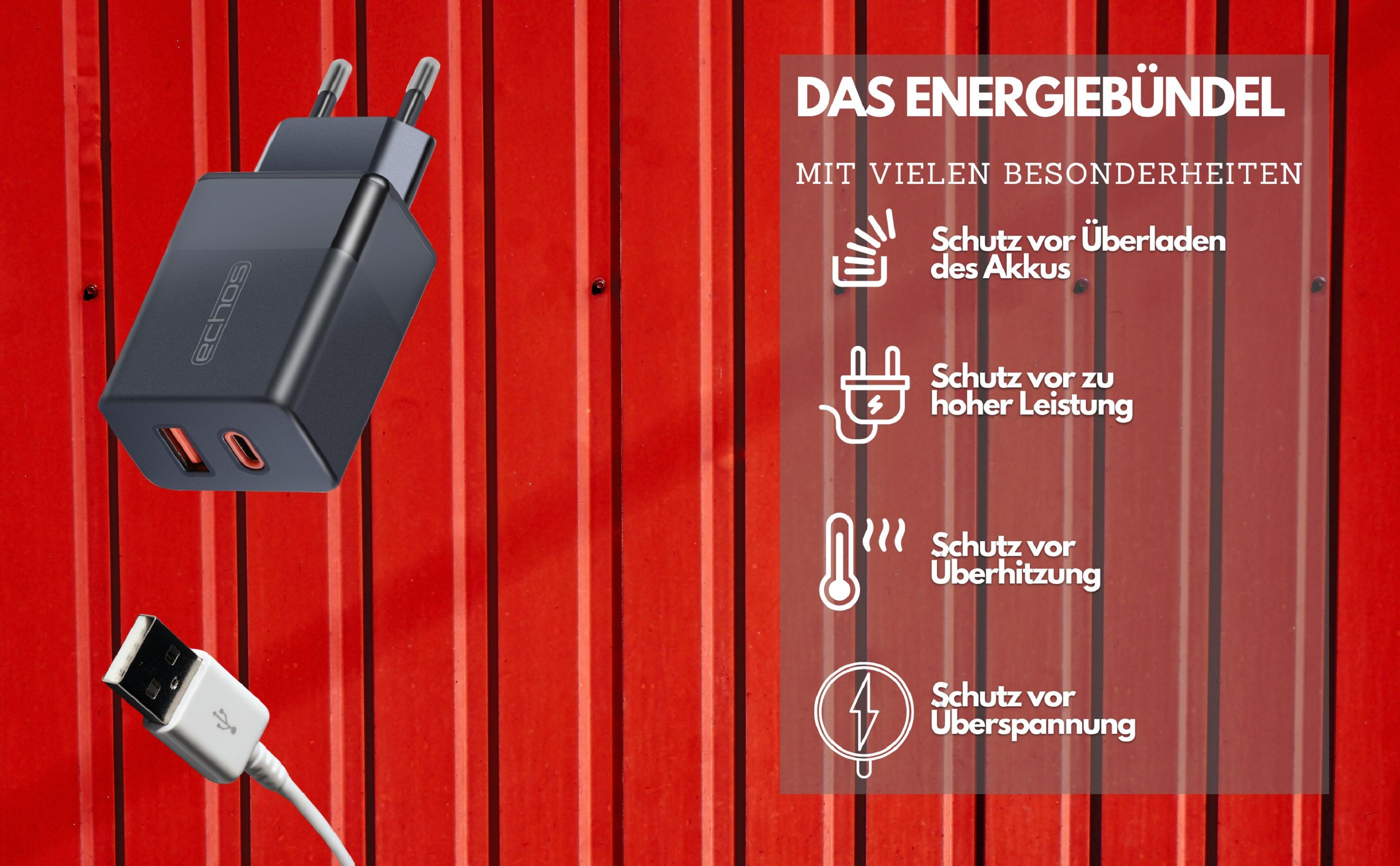 Schwarzes Ladegerät mit USB-Anschlüssen und weißem USB-Kabel. Text beschreibt Merkmale.