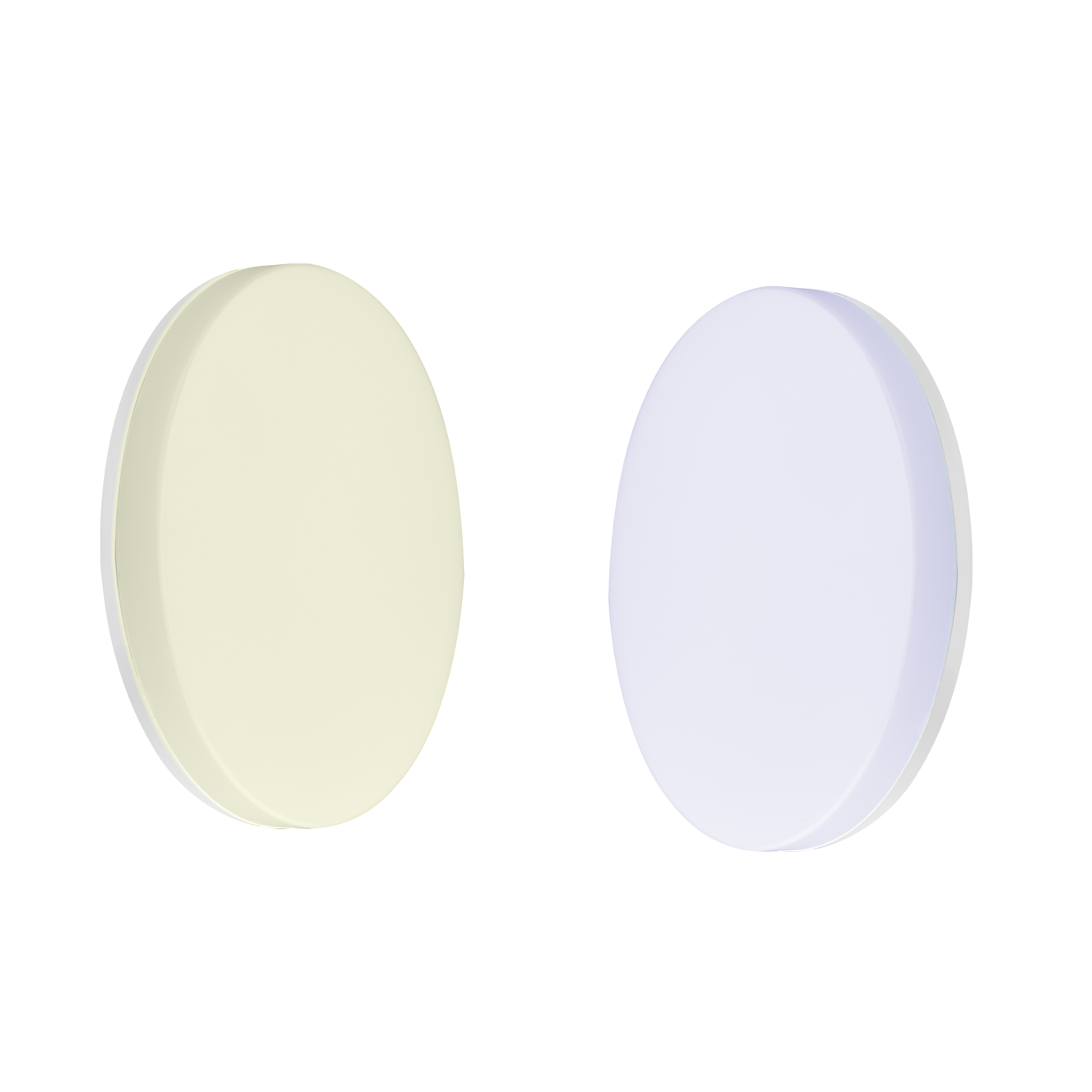 Dwie okrągłe lampy LED, jedna ciepłożółta i jedna chłodno-biała, na białym tle.