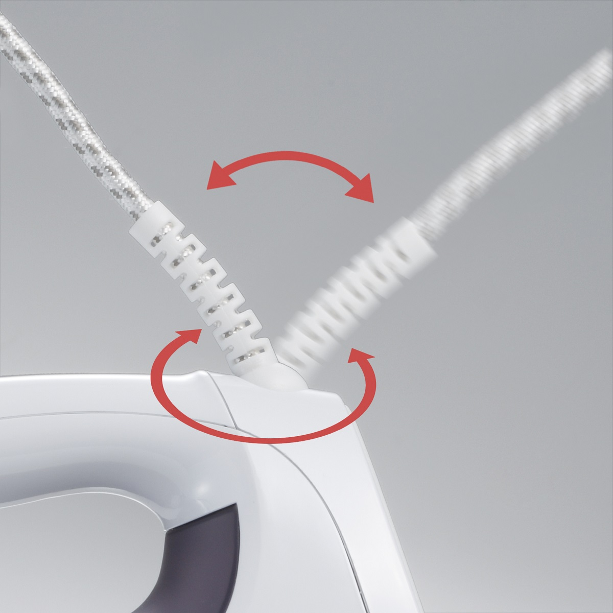 Weißes Bügeleisen mit drehbarem Kabel. Rote Pfeile zeigen die Drehung.