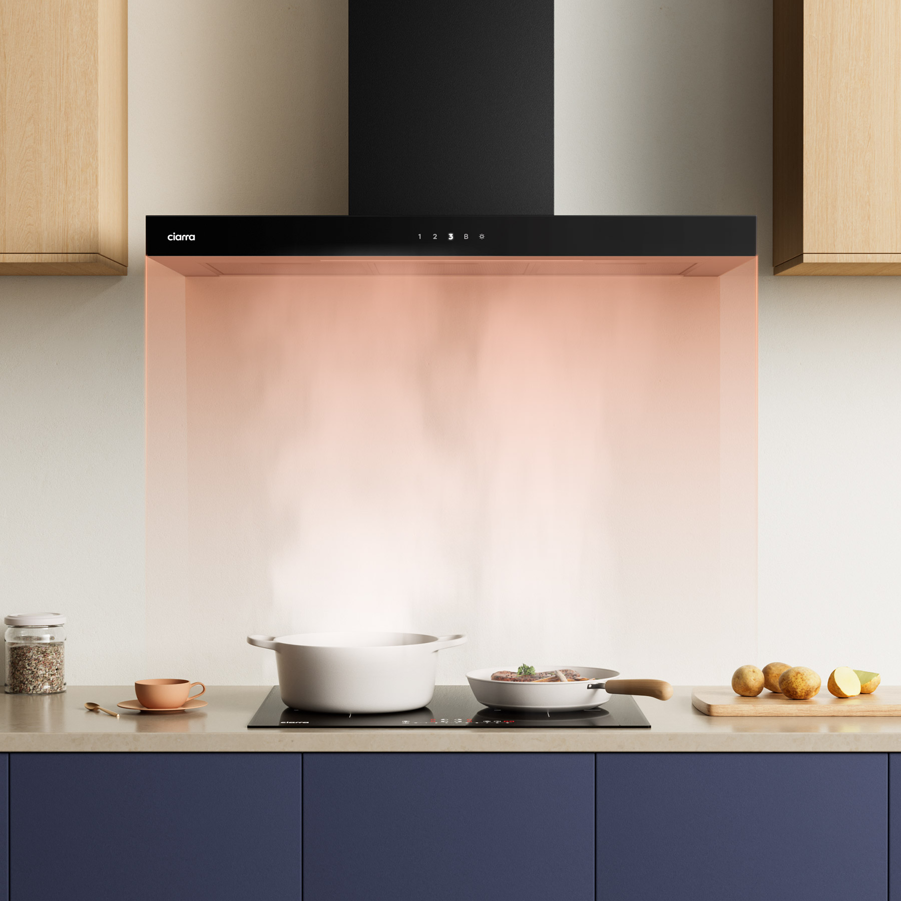 Una cocina con campana extractora, estufa y utensilios de cocina.