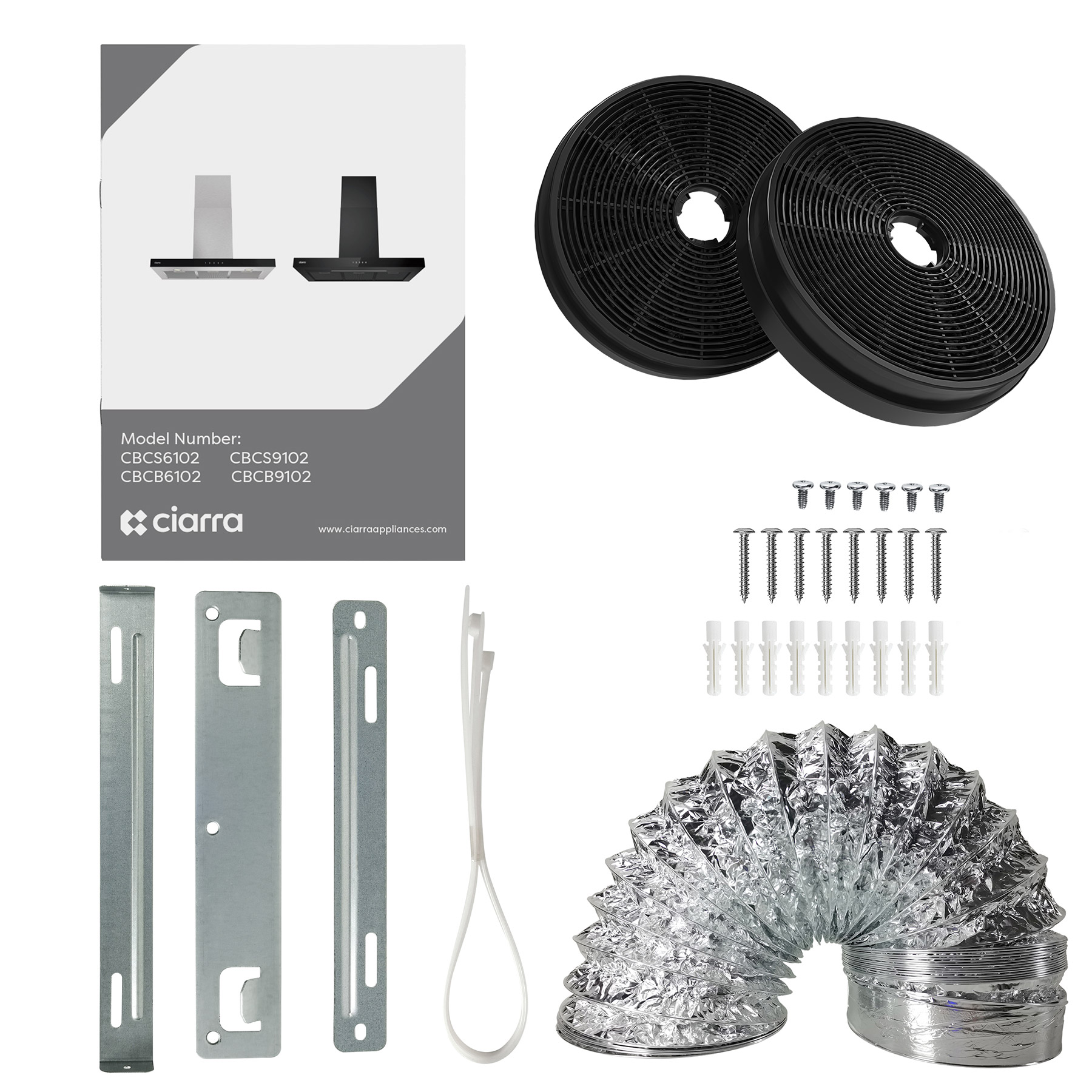 Una colección de piezas y accesorios de electrodomésticos: campana extractora, filtros, tornillos, conductos y soportes.