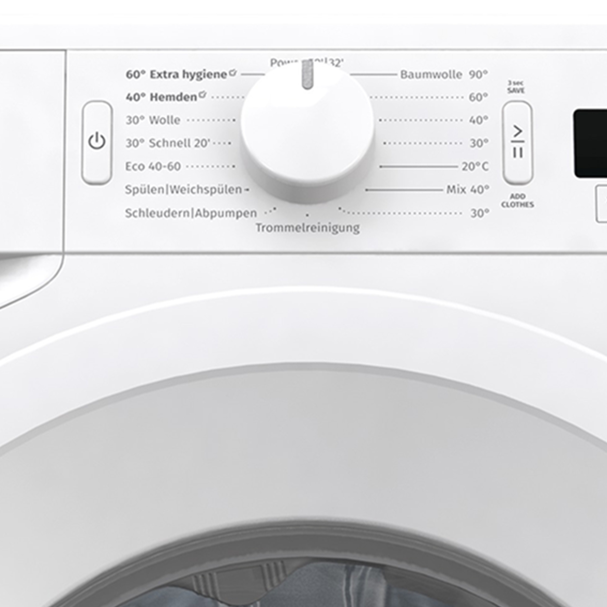 Nahaufnahme des Bedienfelds einer Waschmaschine, mit weißen Knöpfen und einem Drehregler für verschiedene Wascheinstellungen.