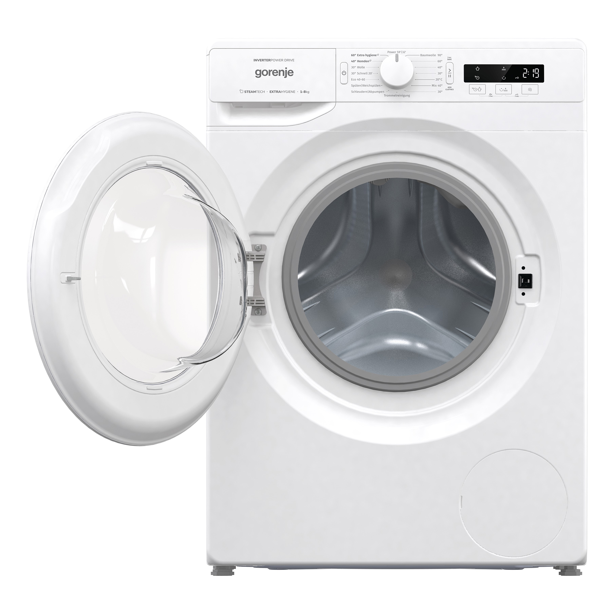 Eine weiße Gorenje Waschmaschine mit geöffneter Tür, die Trommel zeigend.