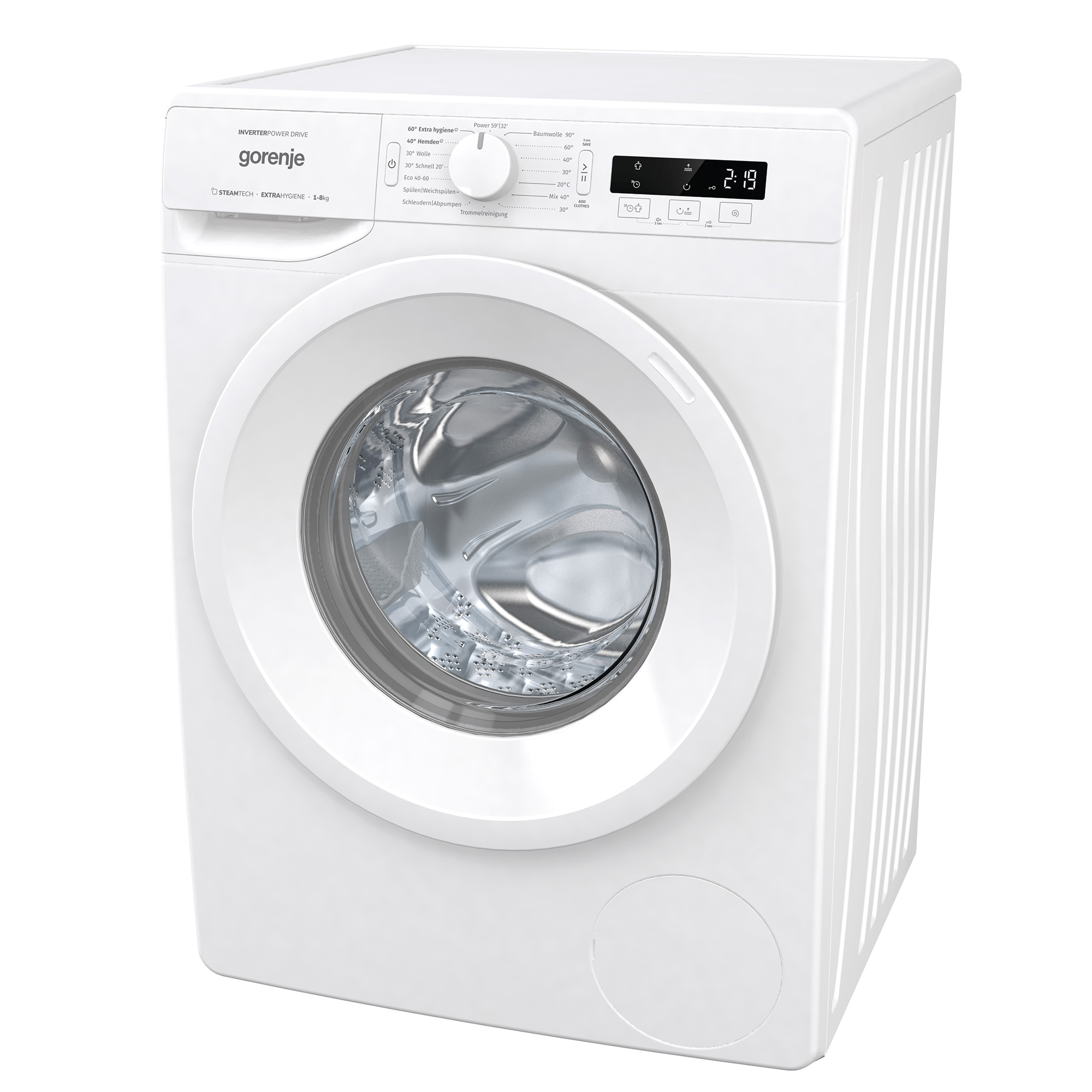 Weiße Waschmaschine mit Digitalanzeige und Knöpfen, schräge Ansicht.