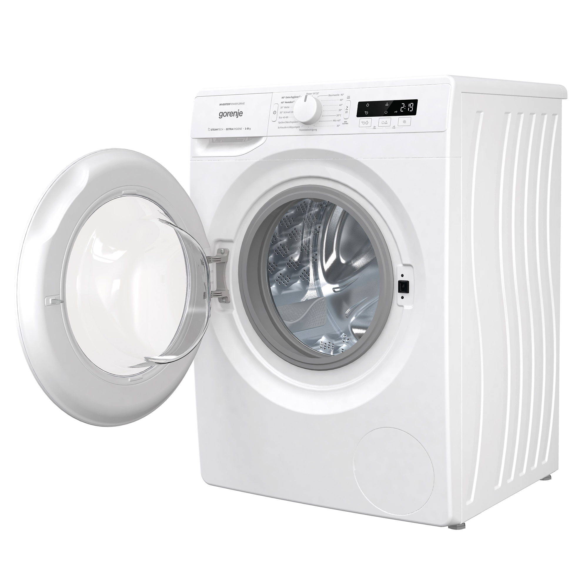 Weiße Waschmaschine, Tür offen. Marke Gorenje. Weißer Hintergrund, Seitenansicht.