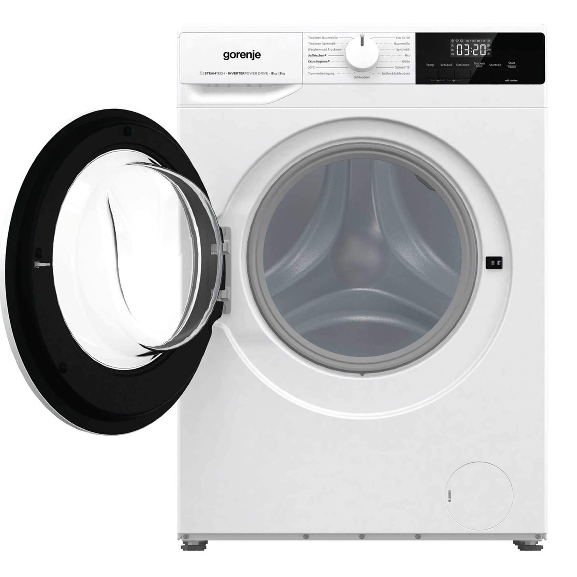 Eine weiße Waschmaschine mit offener Tür, auf weißem Hintergrund. Die Tür ist transparent.