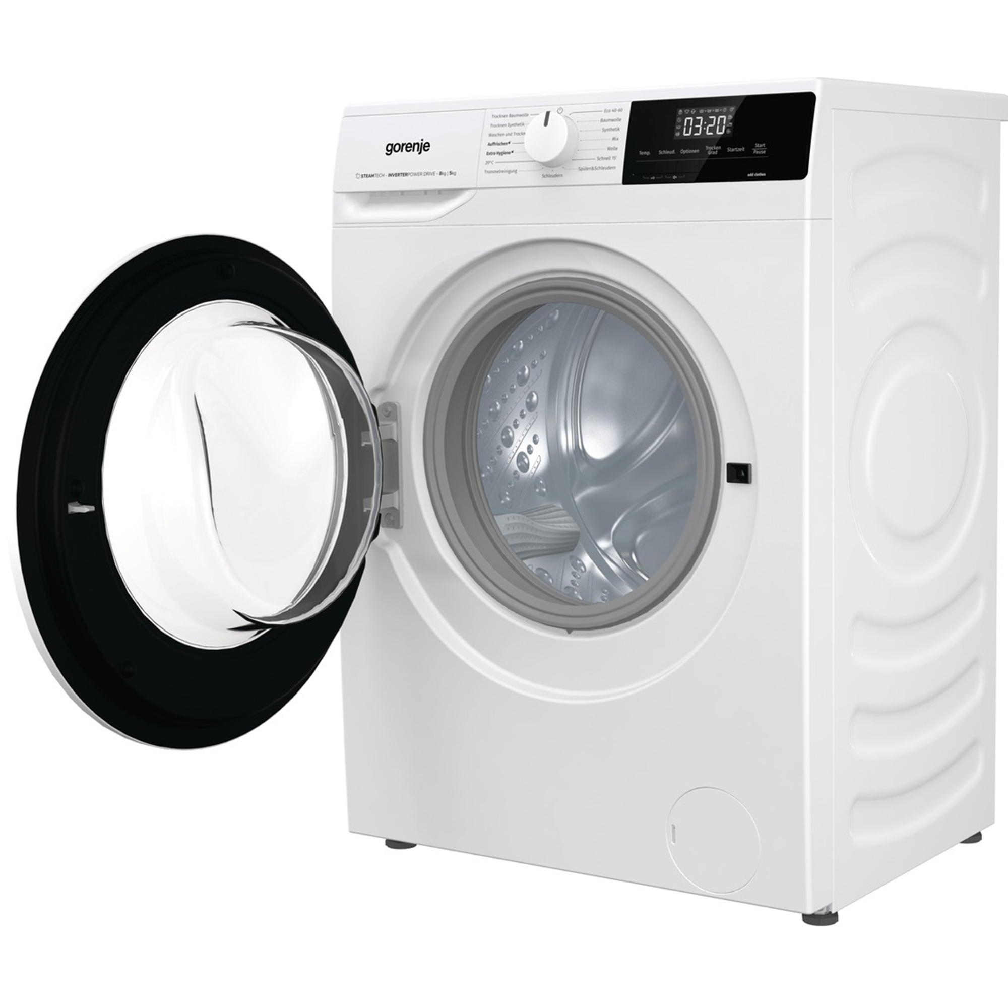 Weiße Waschmaschine mit offener Tür, die Trommel zeigend. Weißer Hintergrund.