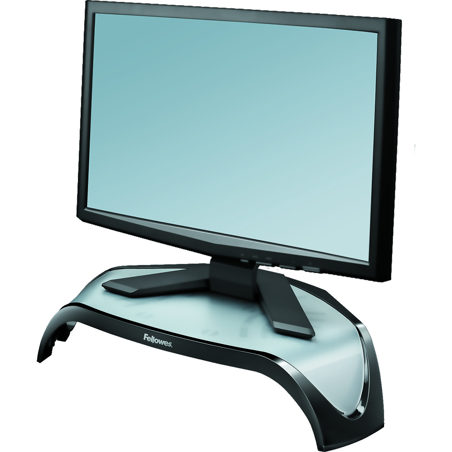 Monitor nero su supporto nero e argento. Il marchio Fellowes è sul supporto.