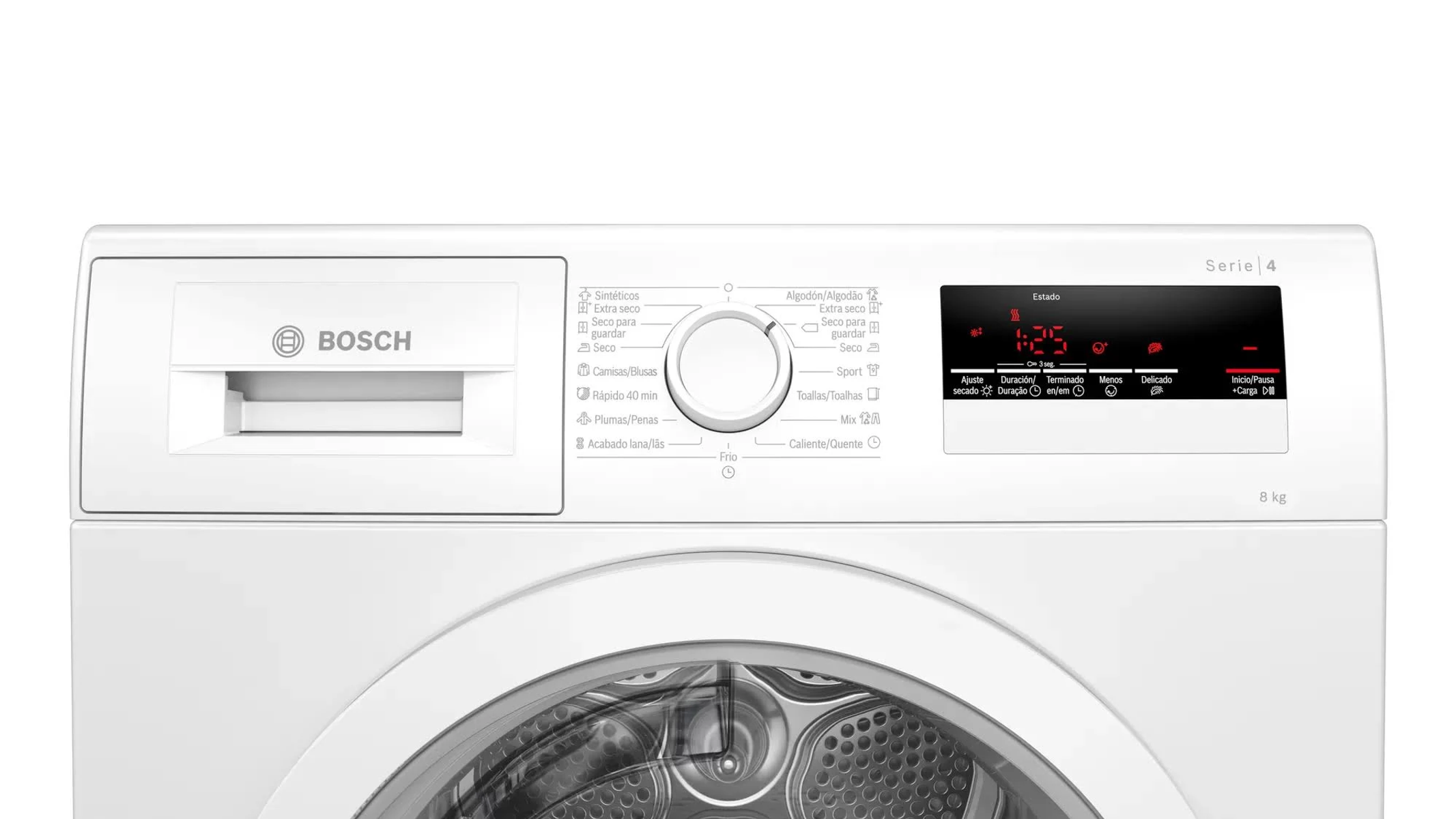 Panel de control de lavadora blanco. Incluye una pantalla y varios botones.