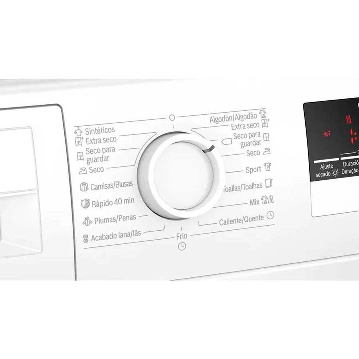Primer plano del panel de control de una lavadora blanca con un dial y varias configuraciones de programa.