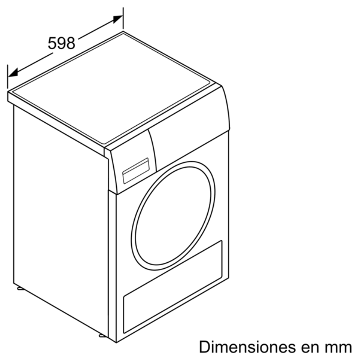 Diagrama de secadora blanca con dimensiones. Ancho superior de 598 mm indicado.