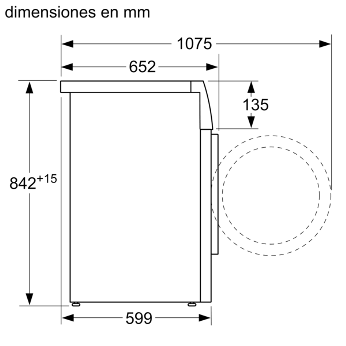 Vista lateral de un diagrama que muestra las dimensiones de un electrodoméstico. Medidas en milímetros.