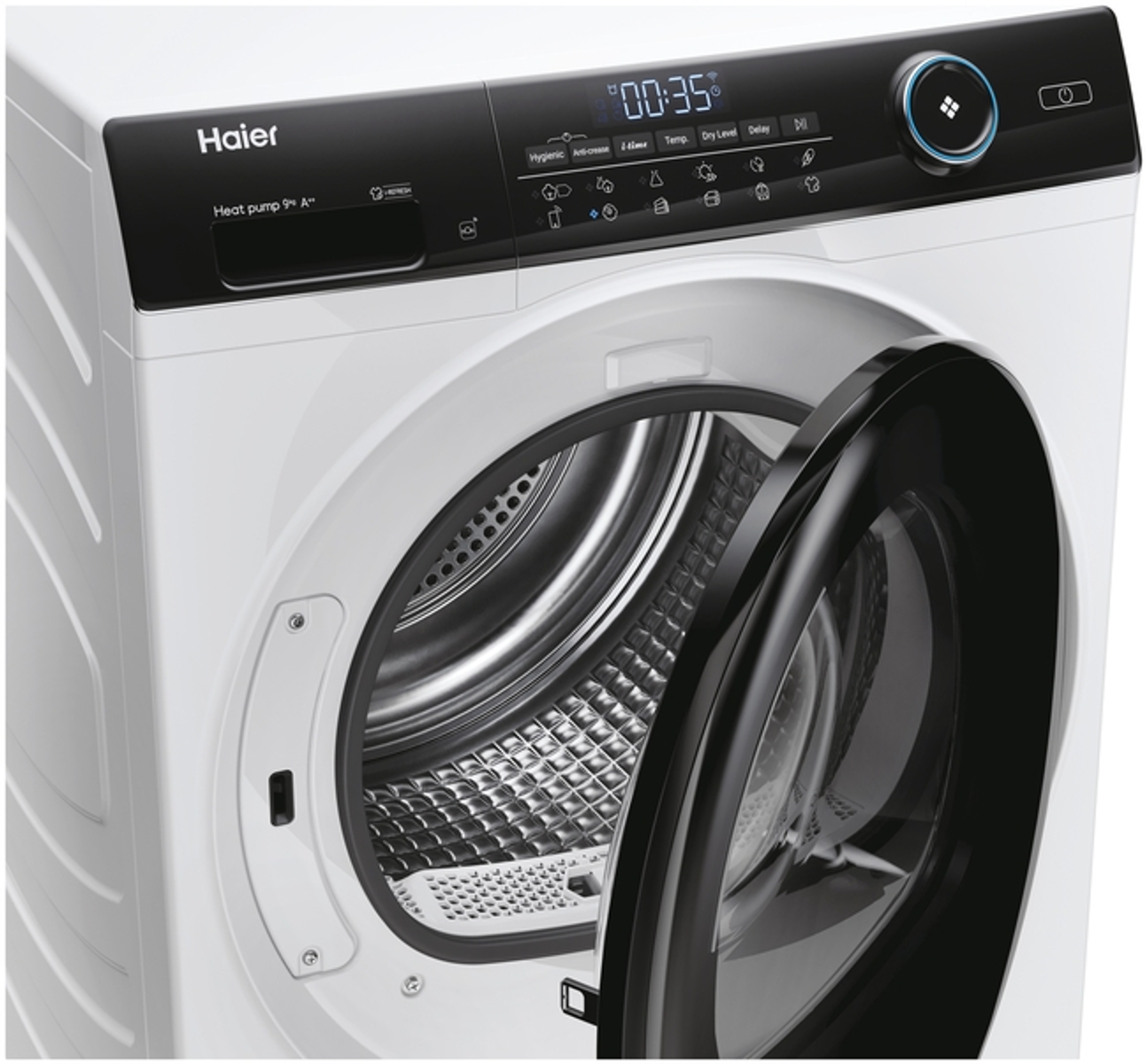 Secadora Haier blanca con la puerta abierta, mostrando el interior.