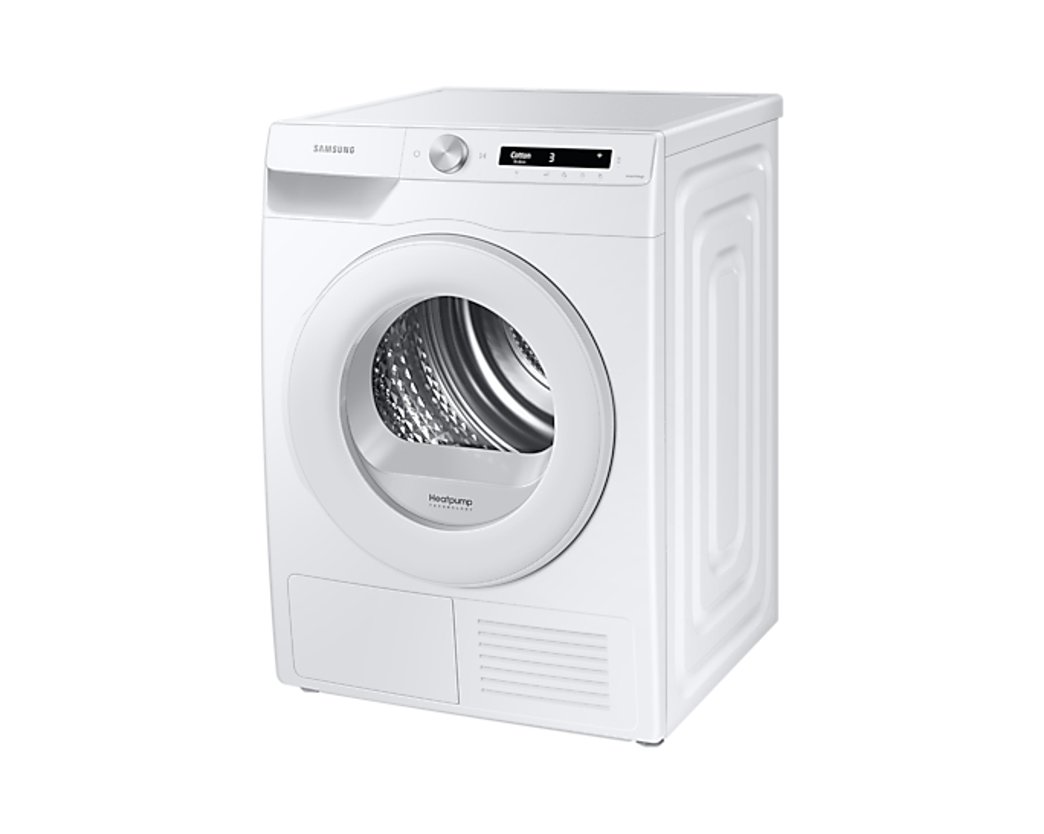 Een witte Samsung droger met een digitaal display en een kleine deur.