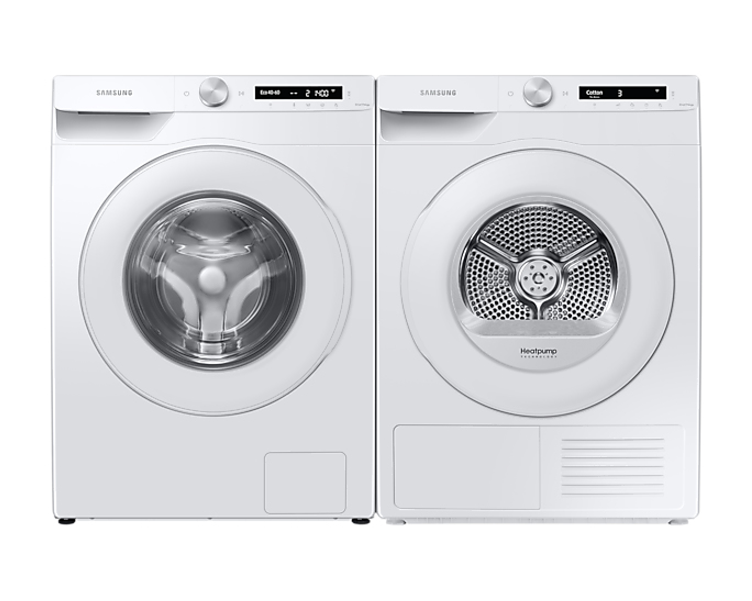 Twee witte Samsung wasmachines en drogers. Beide hebben een ronde deur en zijn wit.