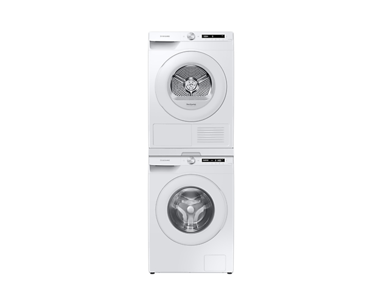Een witte wasmachine en droger op elkaar gestapeld. De droger bovenop, de wasmachine eronder, beide wit.