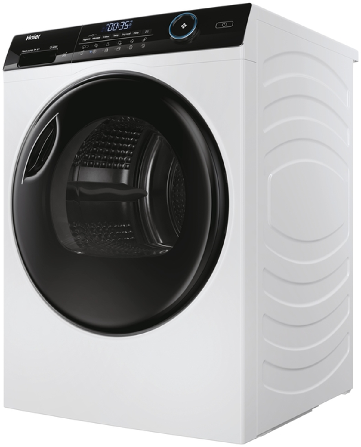 Lavadora Haier blanca con frontal negro. Una pantalla digital muestra la hora.